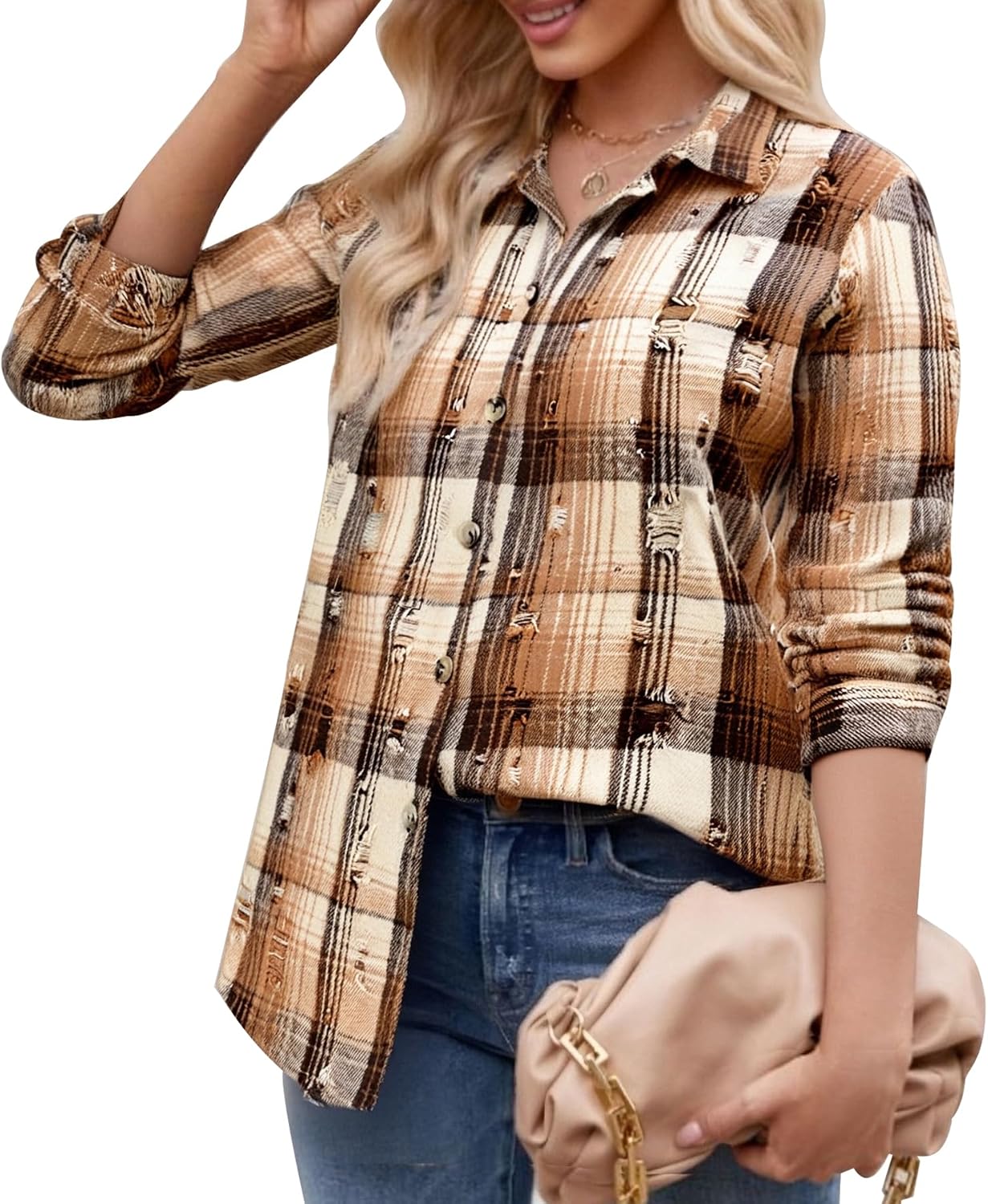 Damipow Flannel Shirt Women Long Sleeve Fall Blouse Ladies Casual Top Cute Clothes