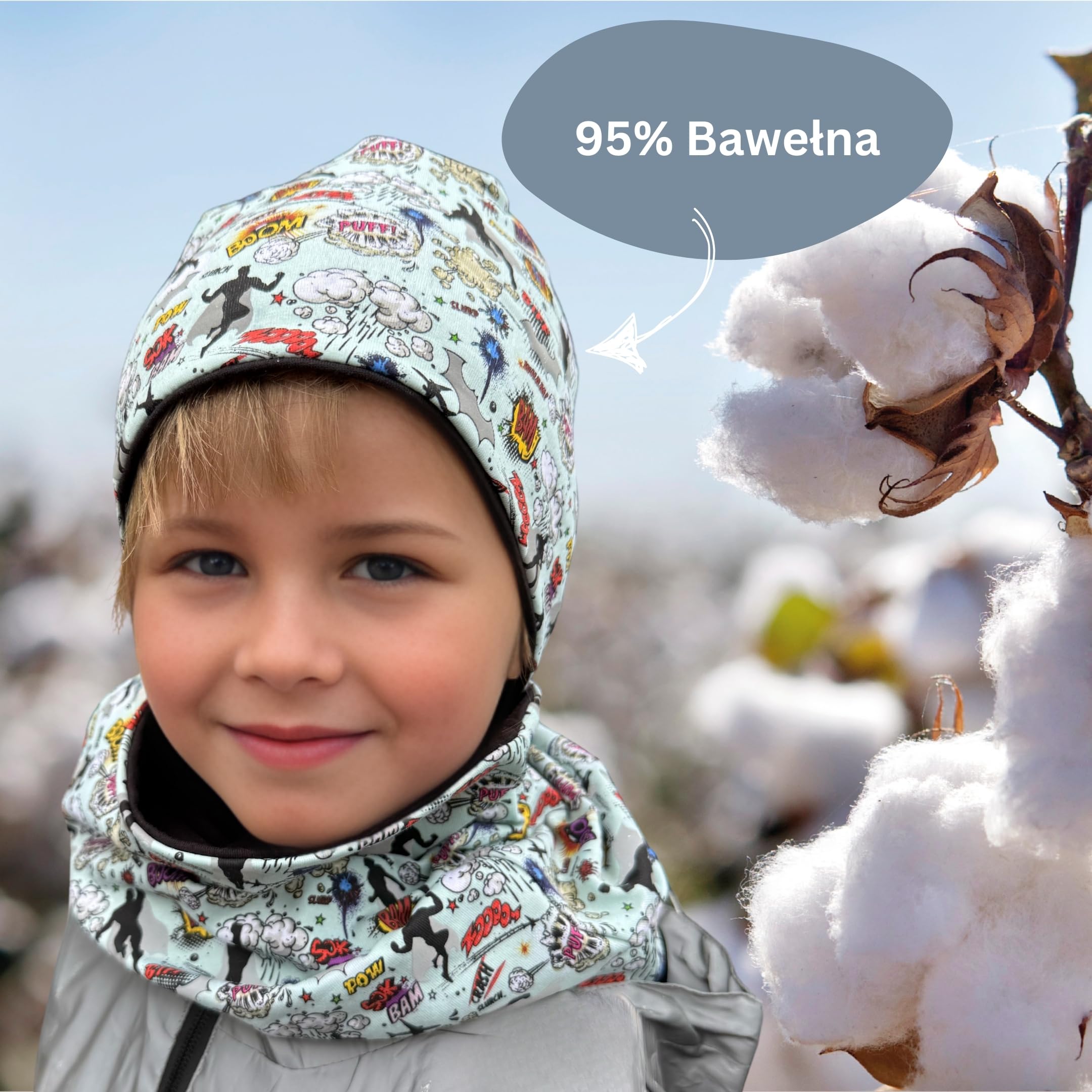 HECKBO 360° odblaskowa czapka dziecięca i komin 95% bawełna miękki stretch beanie na wiosnę jesień i zimę 48–54 cm
