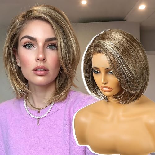 KOME Brown mix Blonde Synthetic Lace Front Wig,Side Part Short Layered Straight 