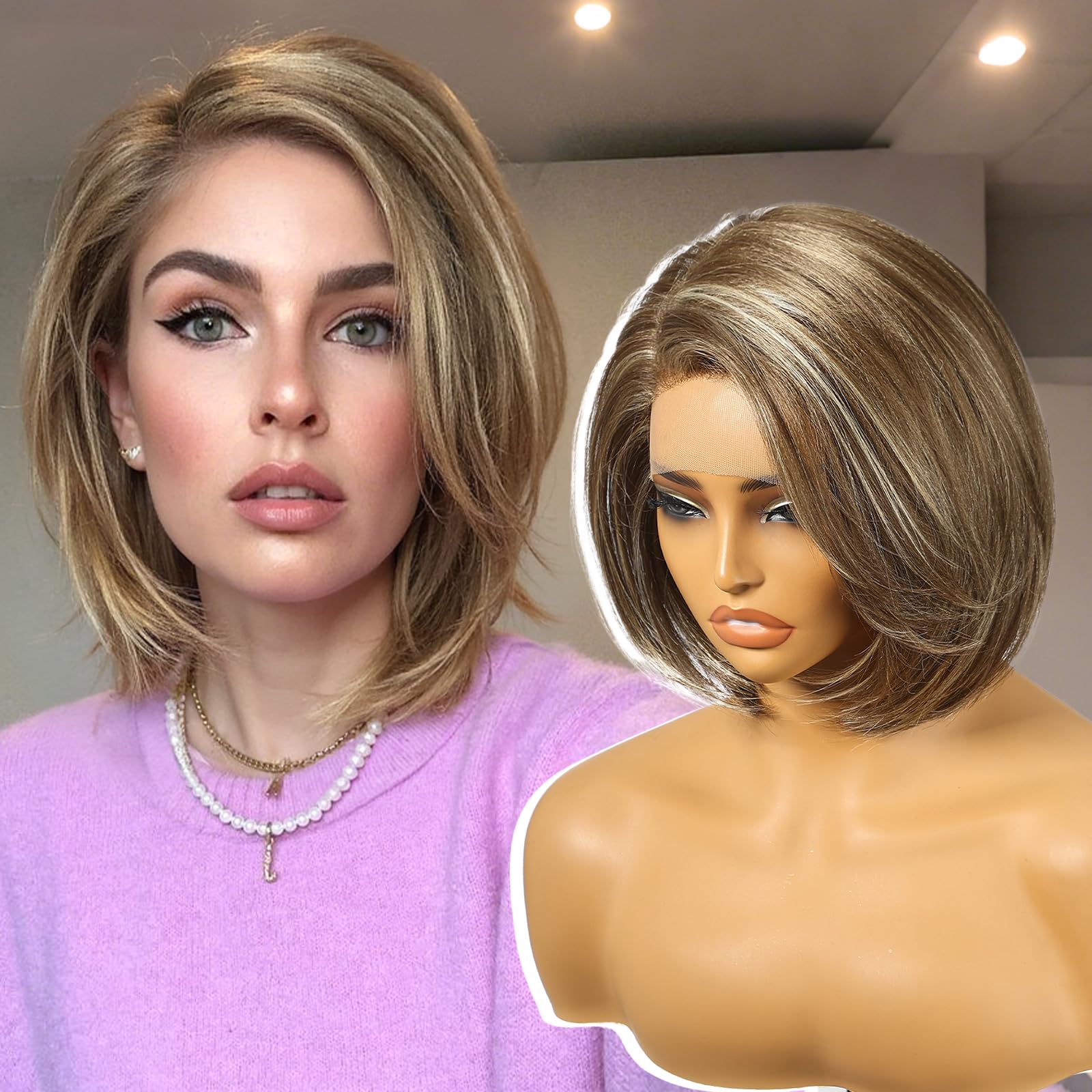 KOME Brown mix Blonde Synthetic Lace Front Wig,Side Part Short Layered Straight Glueless Bob Wig for White Women Daily Use 12IN (#F8/27/88)