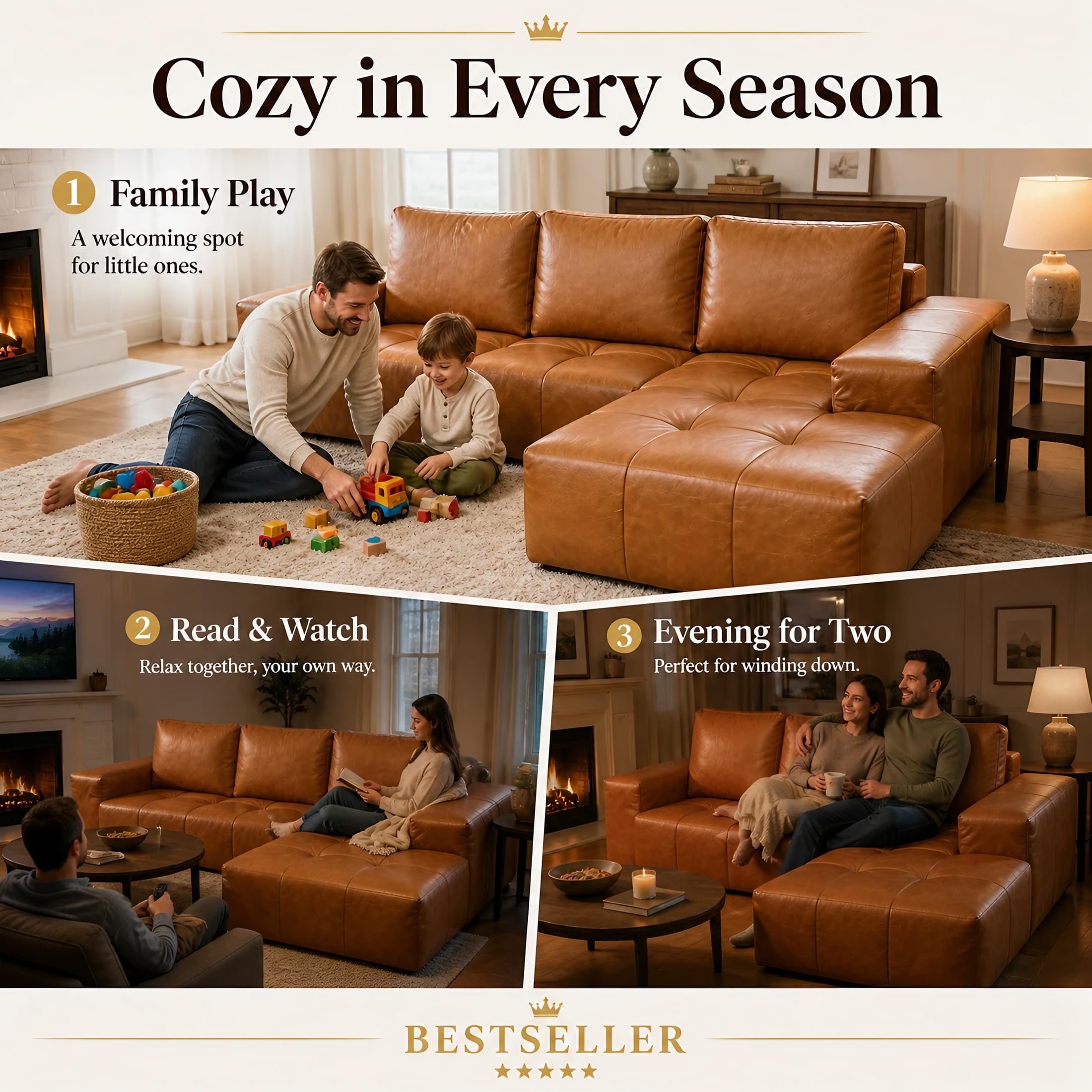 Best Brown Leather Sectional Couch Picks for 2026 2 ICIUIOIR 114” Boneless Sectional Couches for Living Room, Brown Cloud Faux Leath — product photo