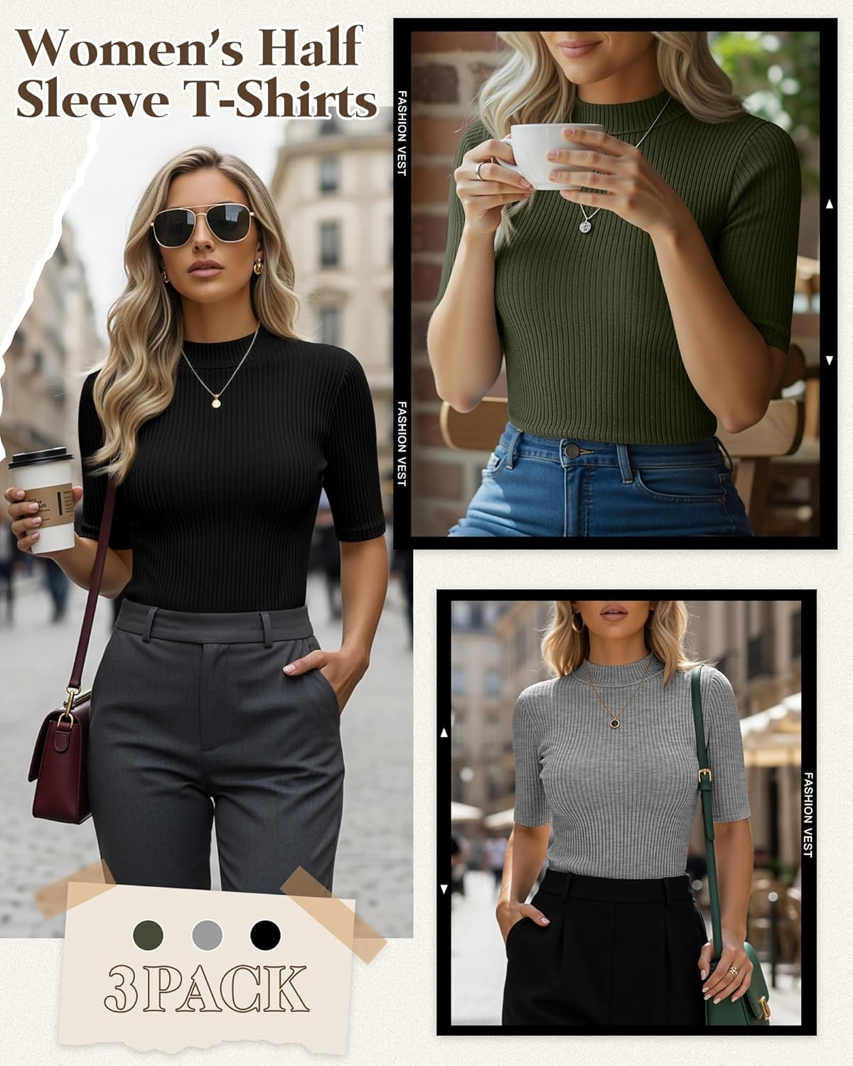 Neer 3 Pack Women's Half Sleeve T-Shirts, Mock Turtleneck Elbow Length Tee Ribbed Slim Fit Casual Summer Tunic Tops - Image 3