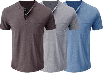 Men Multi-Pack Solid V-Neck Henley Shirts 3 Pack Classic Short Sleeve Summer Pocket Lightweight Button Slim T-Shirt