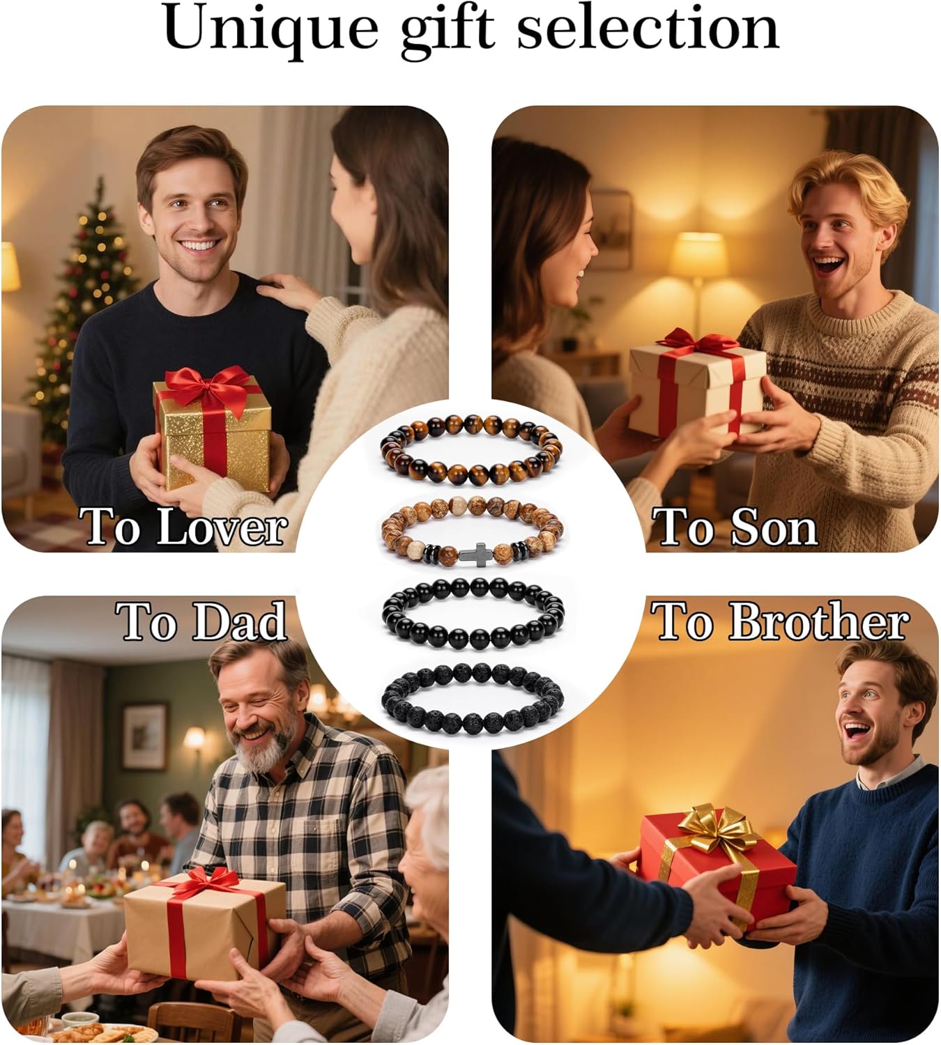 Men Beaded Bracelets, 8mm Natural Stone Bracelet, Healing Crystal, Jewelry Gifts for men, Triple Protection, Tiger Eye, Black Obsidian Beads Bracelets, Lava Rock, Pack of 4 - Image 7