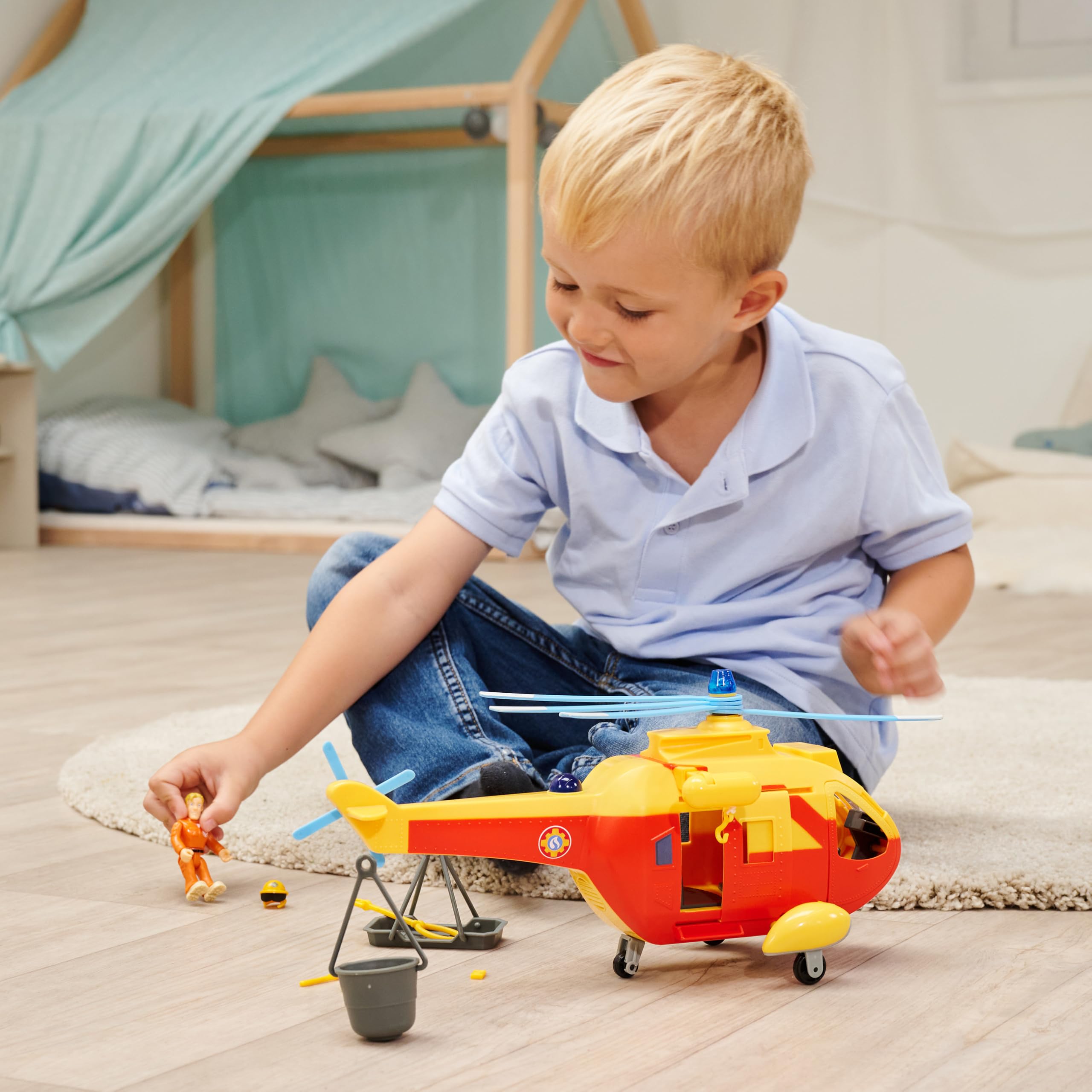 Simba Bombero Sam Helicóptero Wallaby II Update, Rotor automático, luz, Sonido, cabrestante, Figura de Tom, Accesorios, 34 cm, a Partir de 3 años