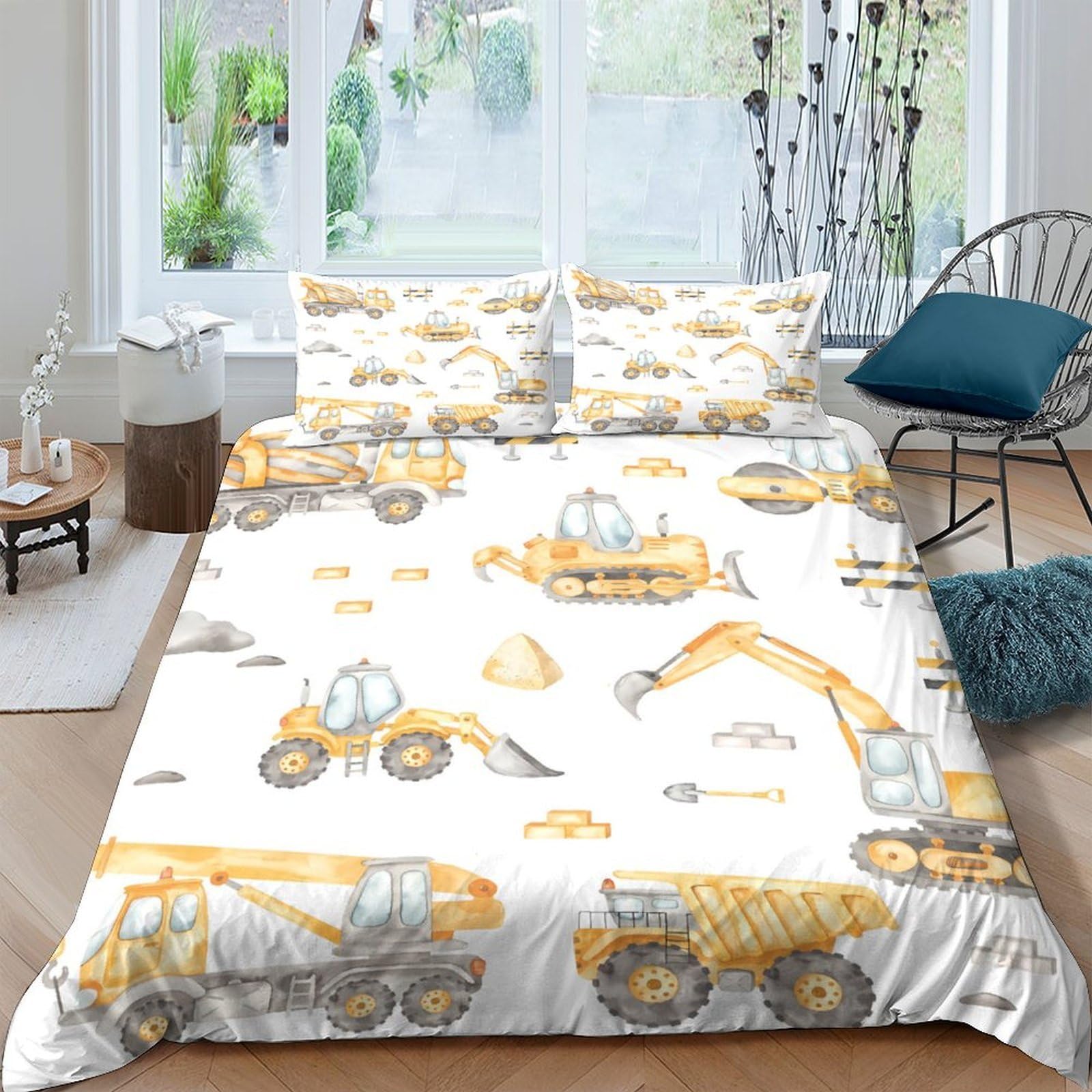 Ctjqhvkz Style-1 3D Printed Construction Vehicles Fitted Sheet Microfiber Soft Yellow Excavator Bed Cover For Bedroom Dorm Mattress Protection Single（135X200cm）