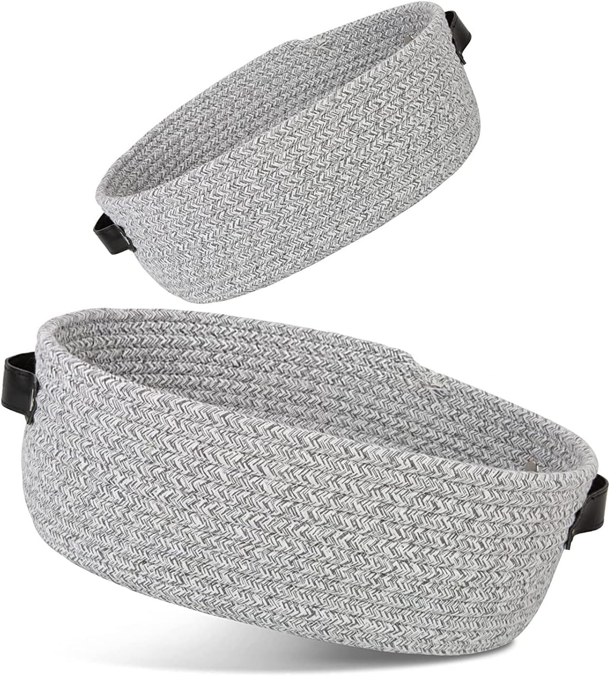 Small Woven Basket for Storage Oval Rope Coil Baskets with Handle Mini Cotton Basket Little Organizer Bins Boho Hamper Nursery Room for Kids Baby Dog Toy Gifts 35x26x12cm, 1 Pack (Grey)