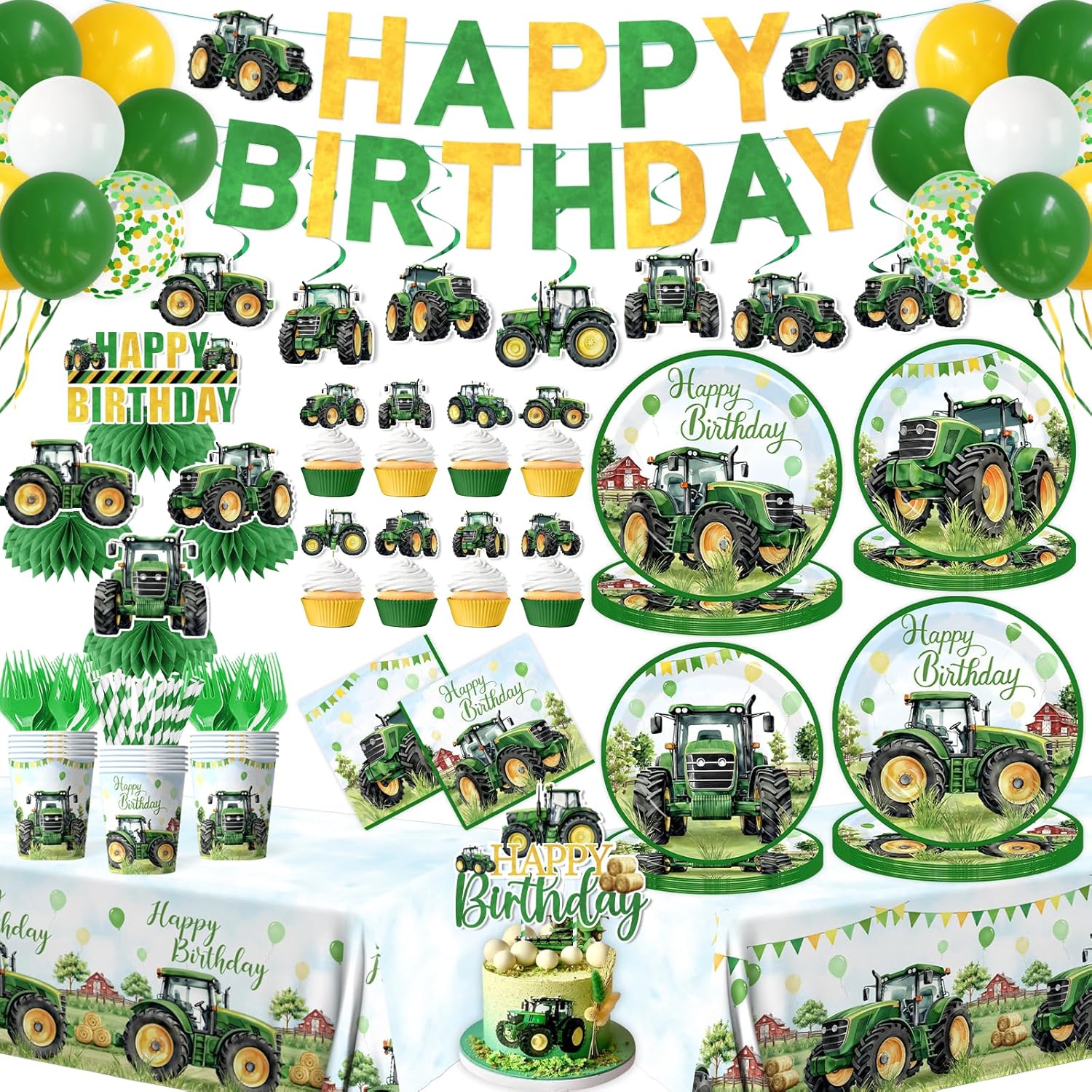 Tractor Birthday Decorations Tractor Party Tableware Set Disposable Paper Plates,Napkins,Tablecloth,Cups,Cake Topper,Banner for Green Farm Tractor themed Birthday Party Supplies,Serve 24