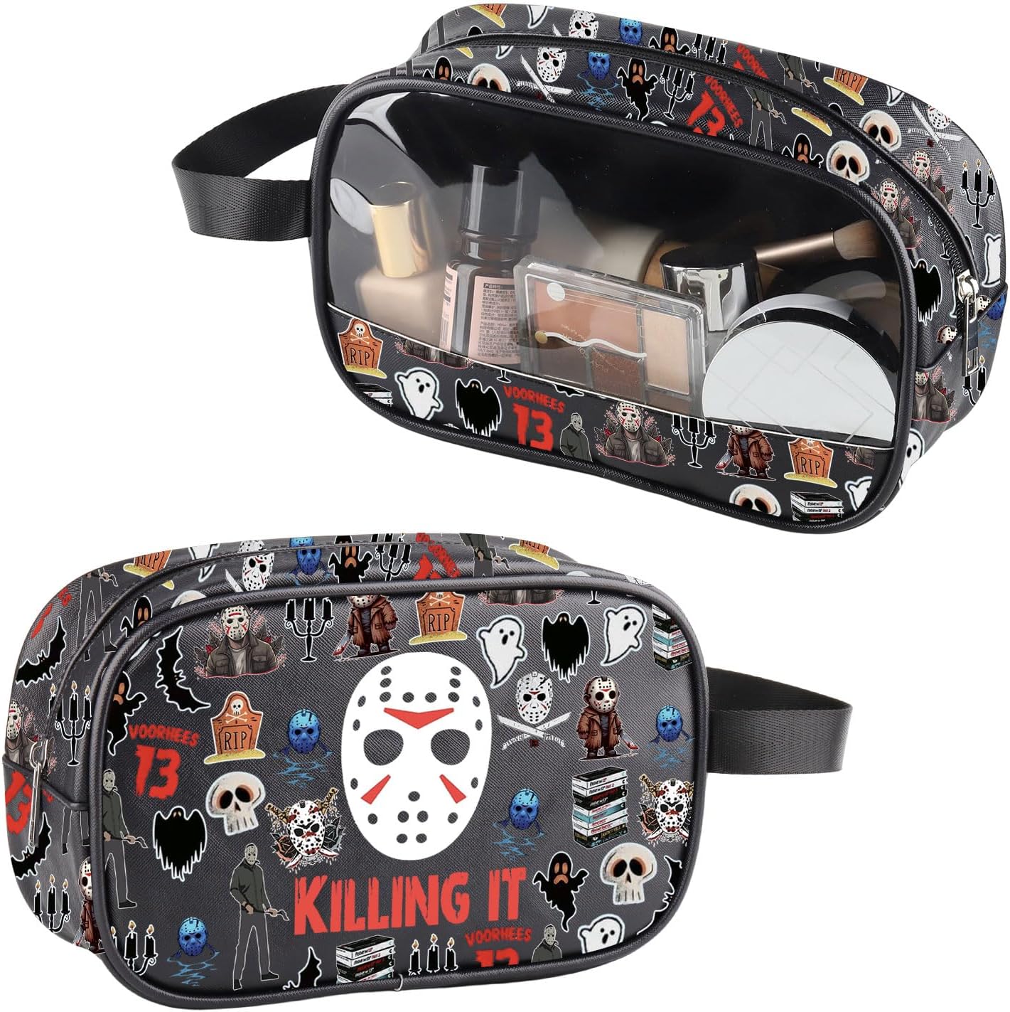ZJXHPO Jason Killing It Clear Makeup Bag Friday Movies Jason PU Leather Cosmetic Bag With Handle Horror Movie Lover Gift (C-Jason Killing PU)