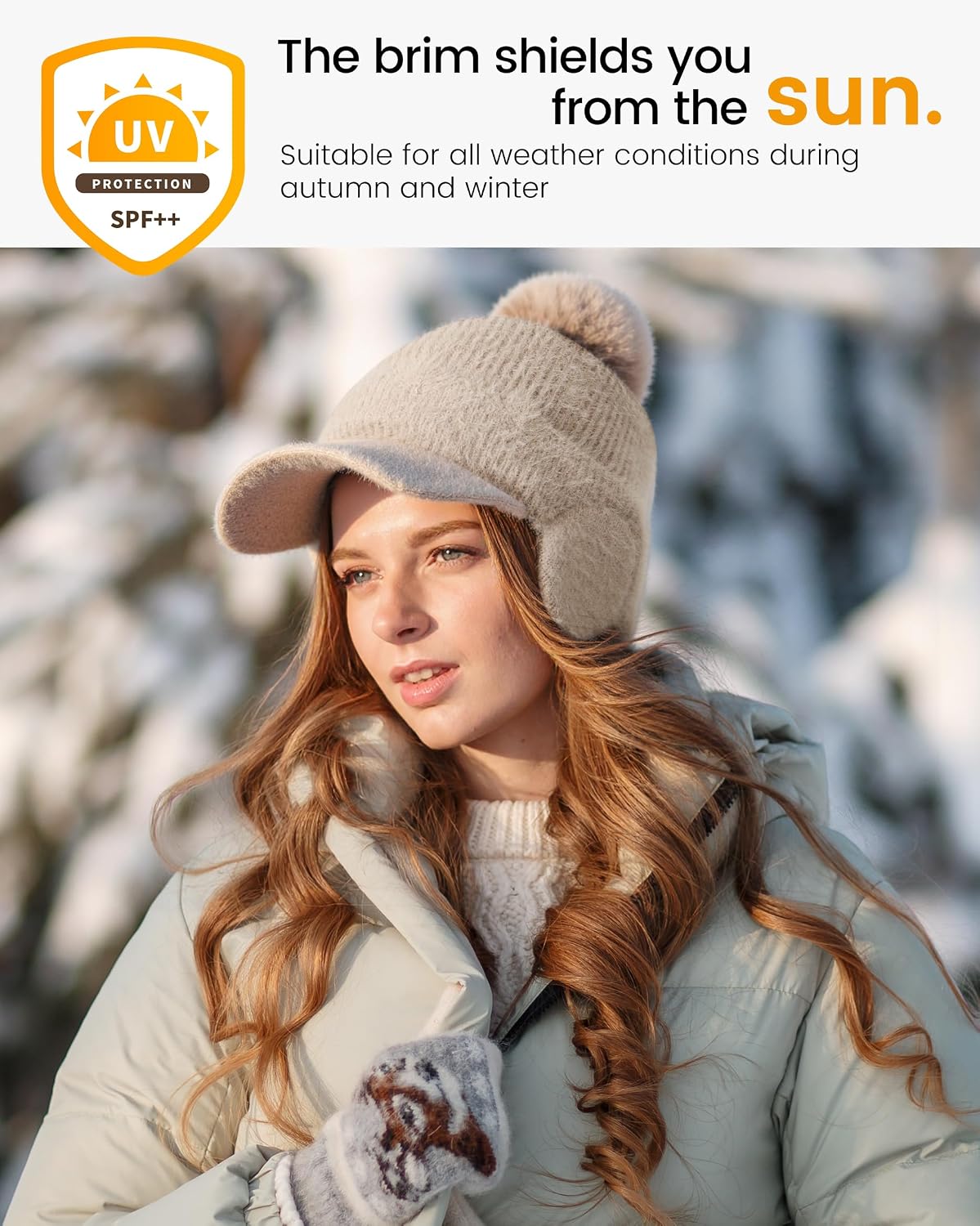 Winter Hats for Women - Winter Beanie Womens with Faux Fur Bobble, Soft Stretch Cute Womens Winter Hats with Visor