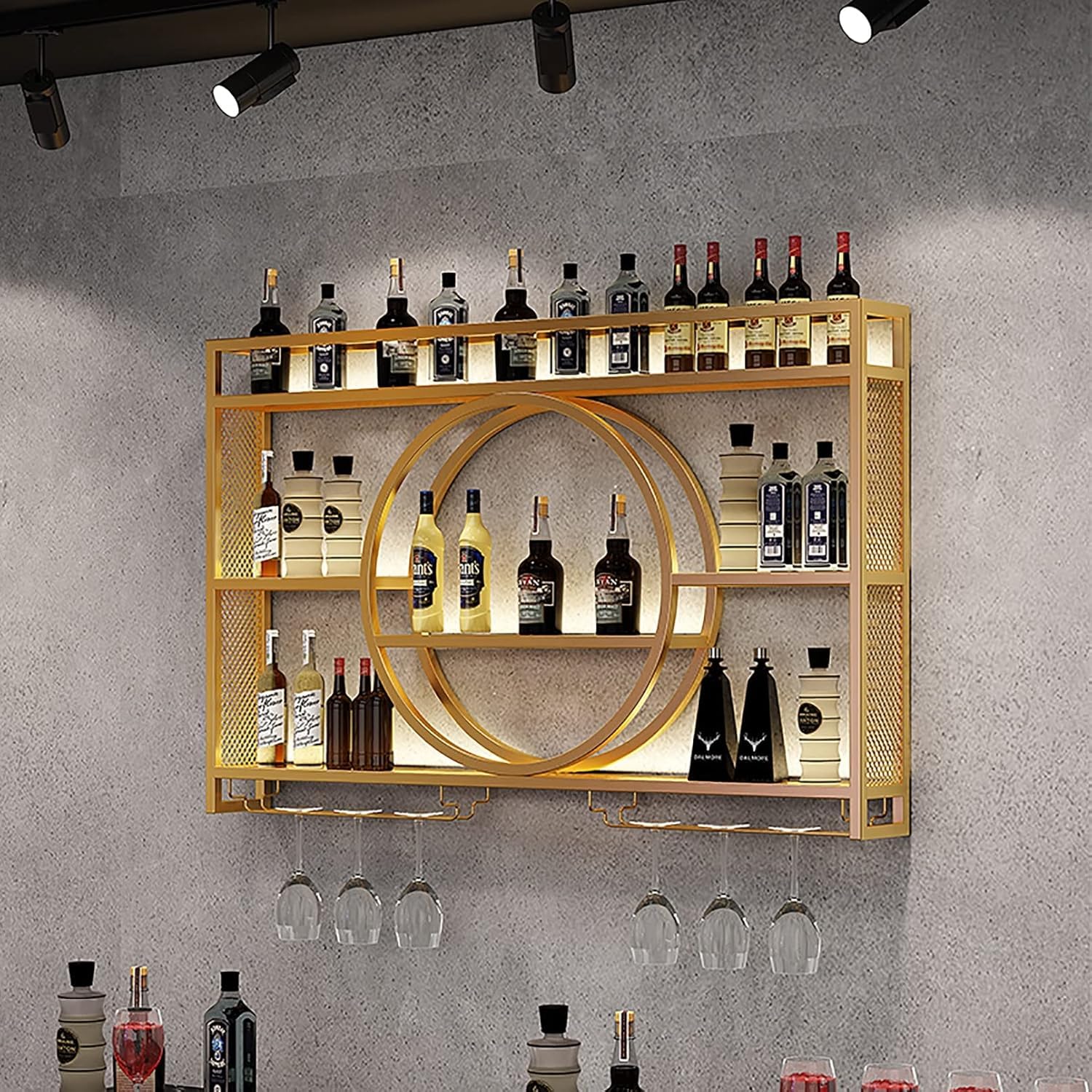 Rmeet Estante de Botellas de Pared Industrial, Estante de Hierro de 3 Plantas, estantes de exhibición de Vino para decoración del hogar, Bares, restaurantes y cocinas,Golden,140 * 15 * 80cm