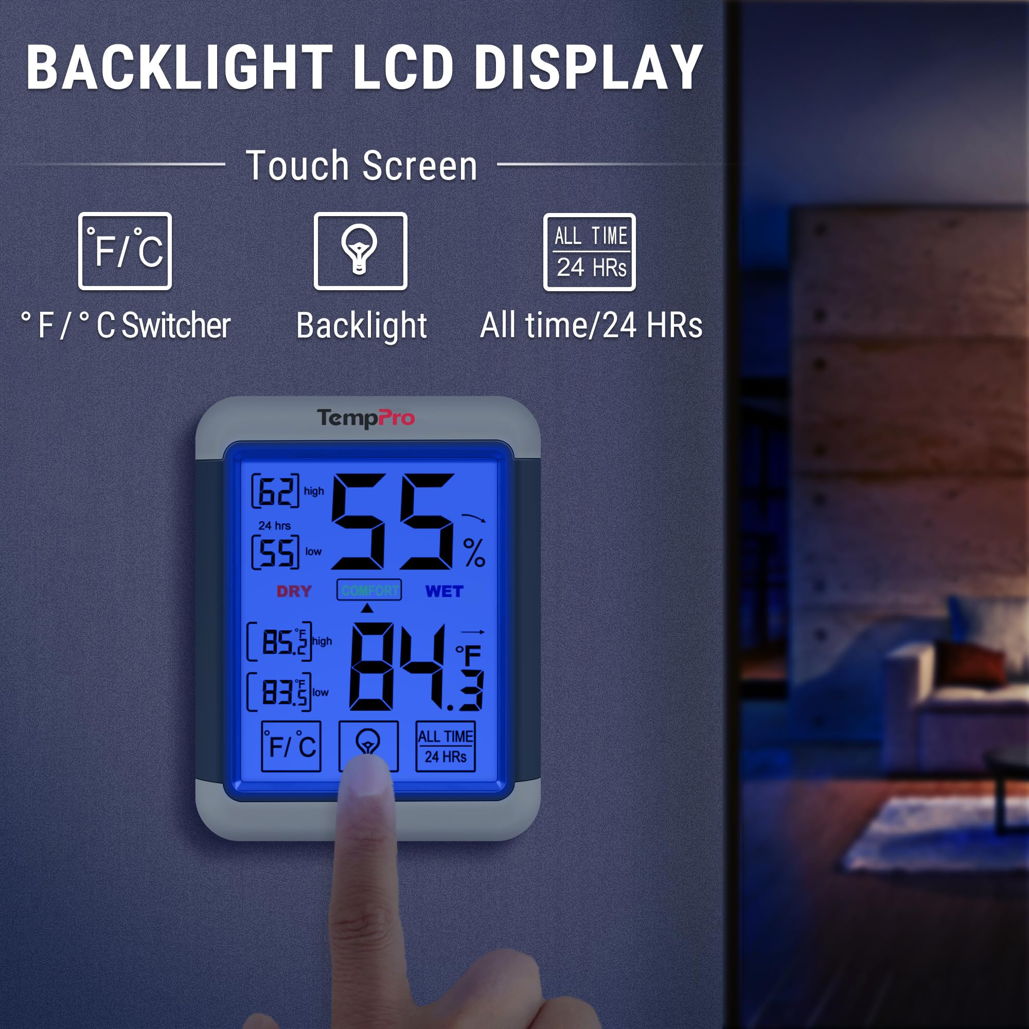 TempPro TempAir Digital Indoor Hygrometer Thermometer with Touchscreen — Amazon image 3