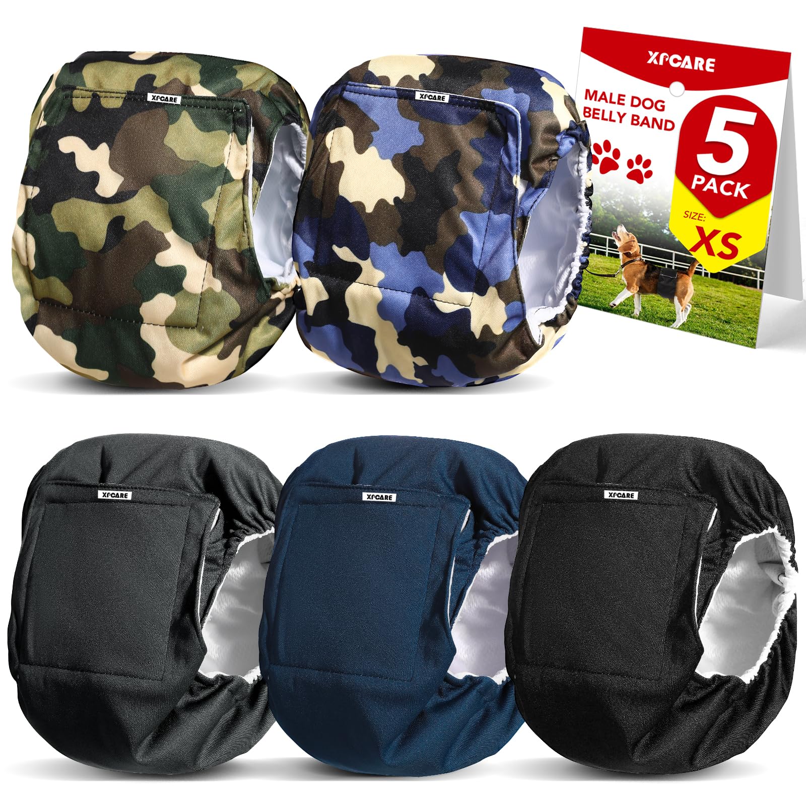 XPCARE Banda para el vientre lavable para perro macho (paquete de 5) – Pañales reutilizables para perro macho, pañales para perros machos (XS)