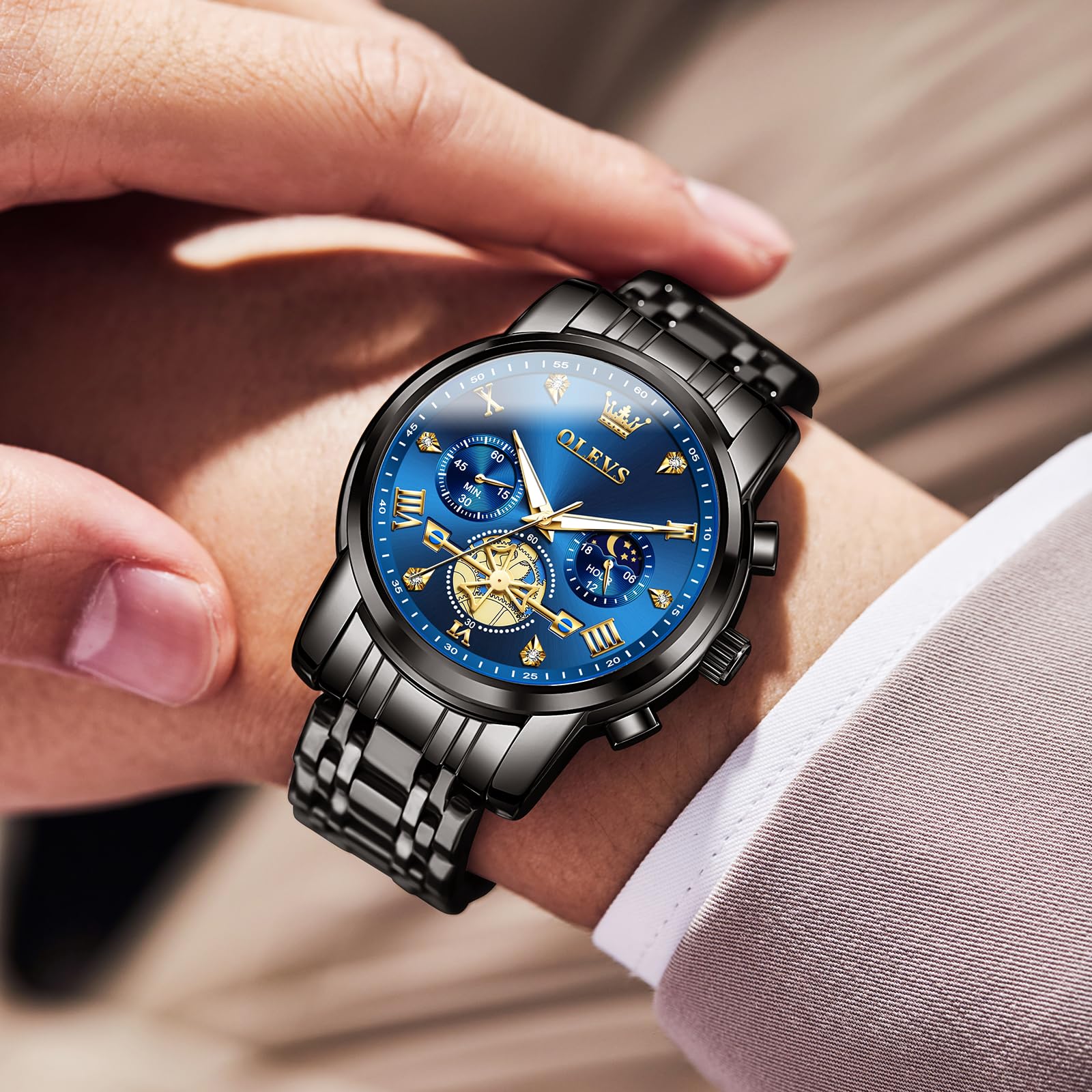 OLEVS Großes Analog Herrenuhren Metallarmband Quarz Edelstahl Herren Armbanduhr mit Mondphase Leuchtende Chronograph Wasserdicht Uhr Geschenke für Männer