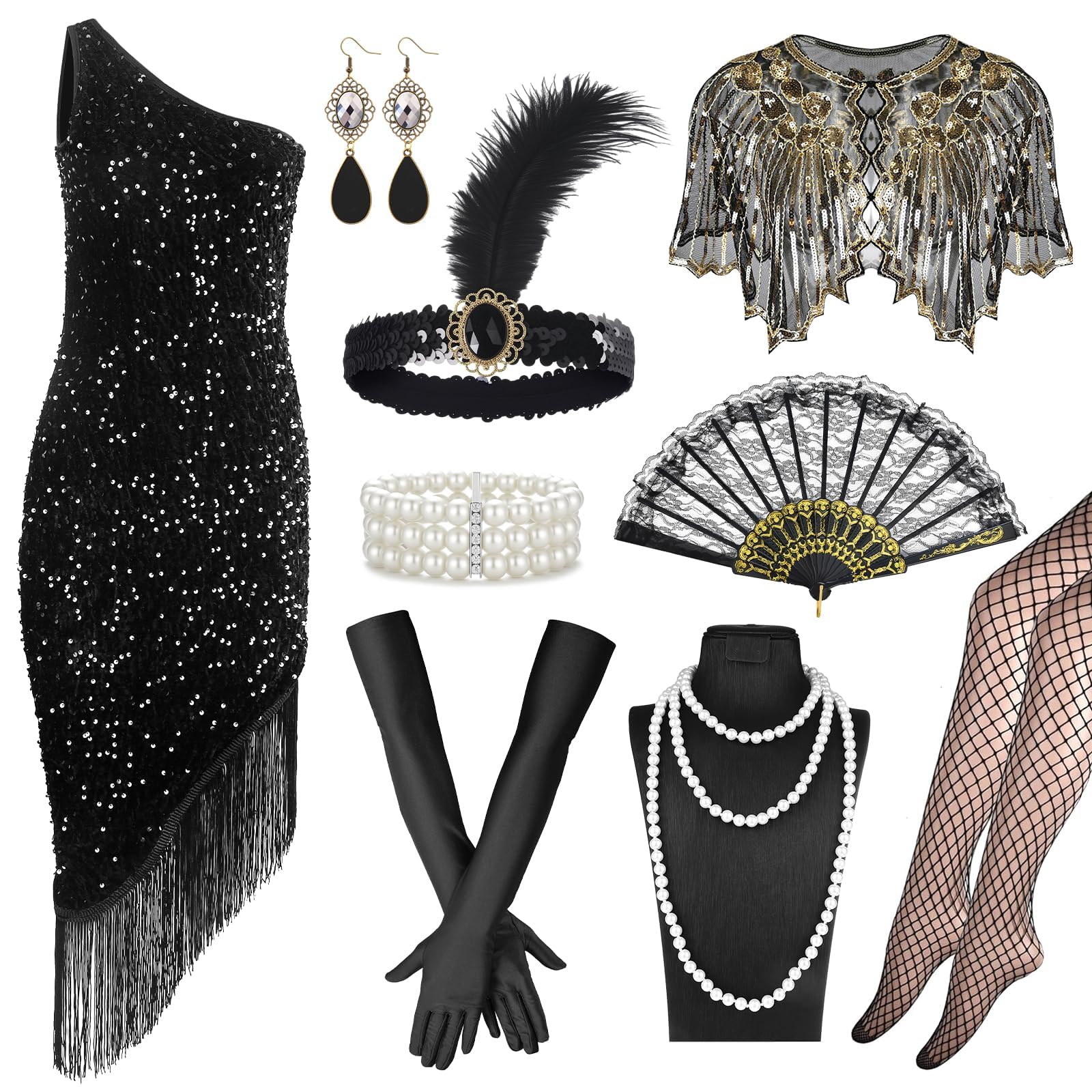 1920s Flapper Costume Set for Women 1920s Flapper Dress Black Sequin One Shoulder Dress with Accessories,Great Gatsby Outfit for Halloween,Vintage Party Roaring Twenties Theme
