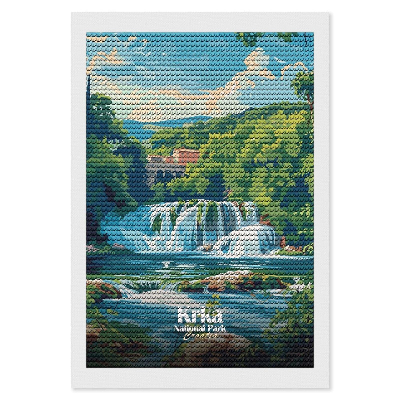 Junmoney Krka National Park Croatia Illustration Diamond Painting Set 8"x12", for Beginners, Modern Decor, Simple to Start, Gift Idea, Pleasing Wall Art Project