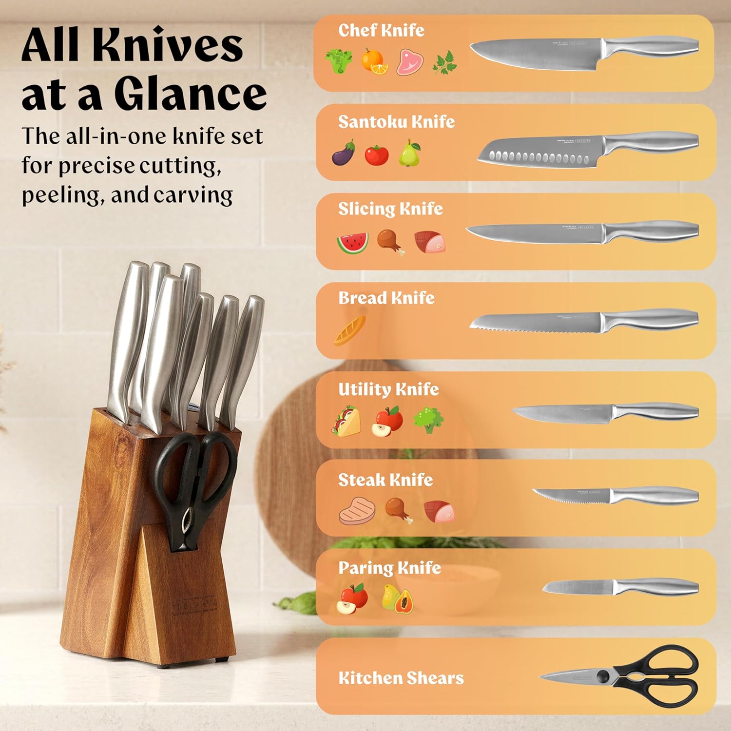 Knife Set with Block – 9 pcs Stainless Steel Kitchen Knife Block Set - Professional Knife Block with Sharpener and Scissors - Kitchen Knife Set with Acacia Wood Block & Steel Handles