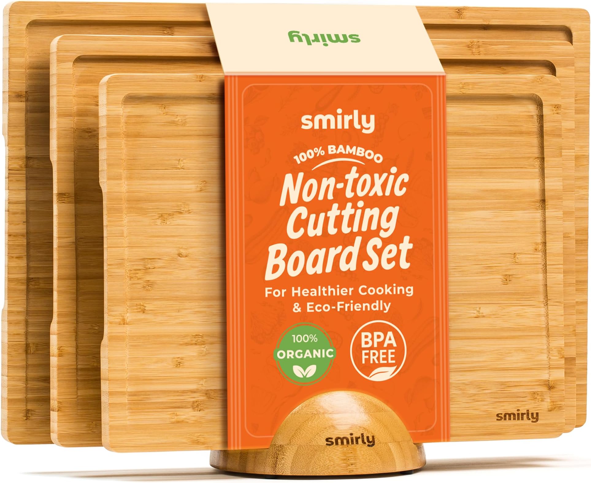 SMIRLY Bamboo Cutting Boards for Kitchen - Wood Cutting Board for Meal Prep, Serving, Charcuterie - Kitchen Gadgets, House Warming Gifts - Wooden Chopping Board Set of 3 with Holder - Natural Bamboo