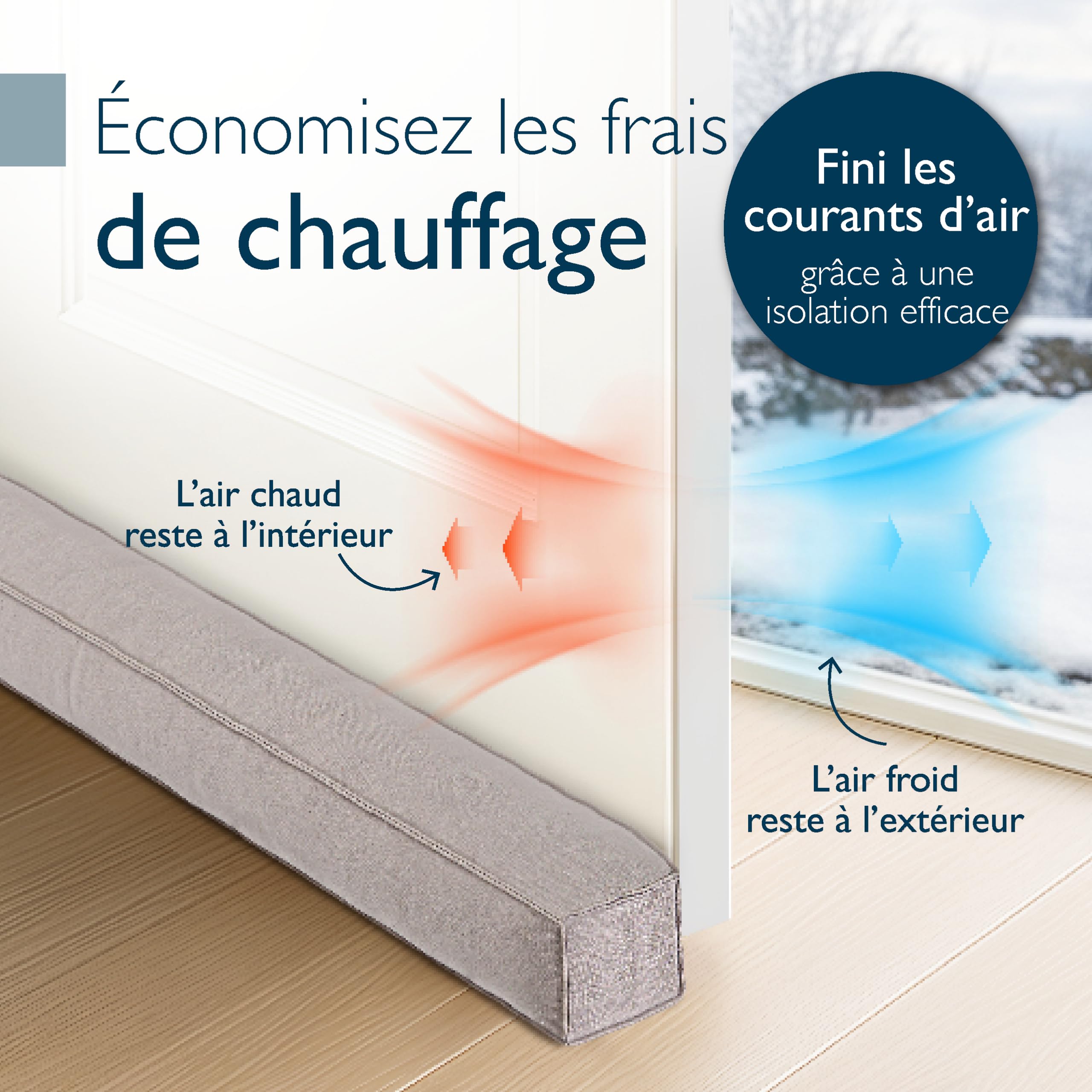 Beautissu Boudin de Porte Isolant d'Entrée 90 cm avec Aimants – Bas de Porte Anti Froid Bruit – Coussin Anti Courant d’Air pour Fenêtre – Coupe Vent Tissu Gris Clair pour Isolation Thermique – Marin