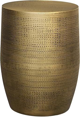 Vista 21 de SIMPLIHOME Johnsen Mesa de Metal - Mesa de Acento de Tambor de Hierro Macizo de 15 pulgadas de Ancho en Plata Antigua con Patrón Tribal, Mesa