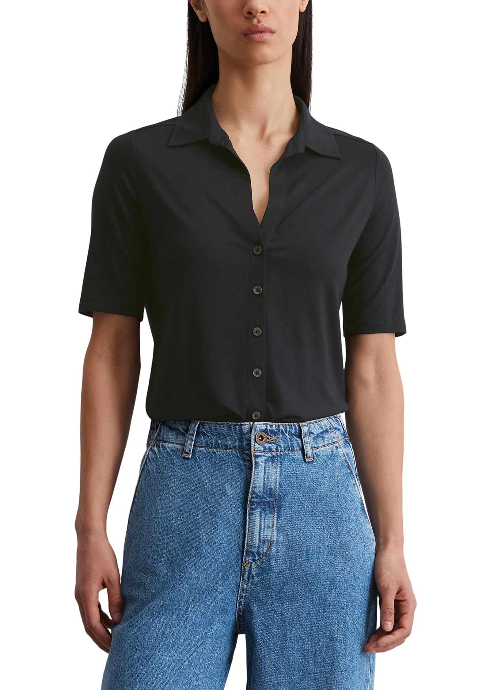 Marc O'Polo Damen Kurzarmbluse mit klassischem Kentkragen Regular Fit