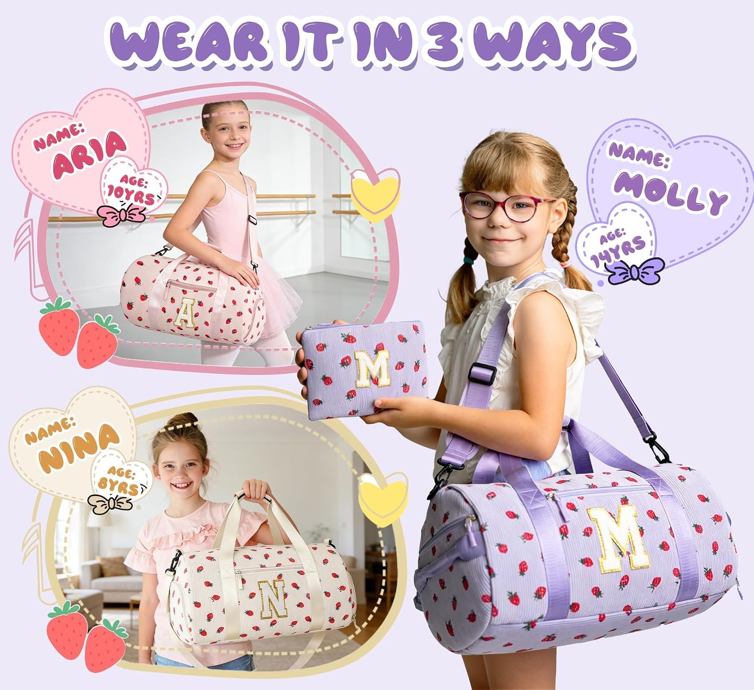 Easter Gifts for Girls, Kids Duffle Bag with Shoe Compartment, Dance Gymnastics Cheer Ballet Overnight Bag, Initial Personalized Weekend Bag, Birthday Gifts for 4 5 6 7 8 Year Old Girl Tween（purple-R）