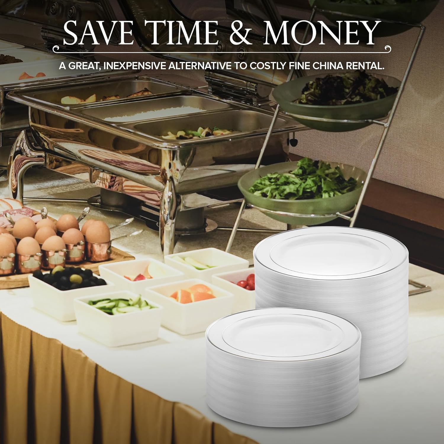 10.25" White and Silver Plastic Dinner Plates (100 Pack) - Elegant, Heavy Duty Disposable Set for 100 Guests - Wedding, Thanksgiving, Christmas