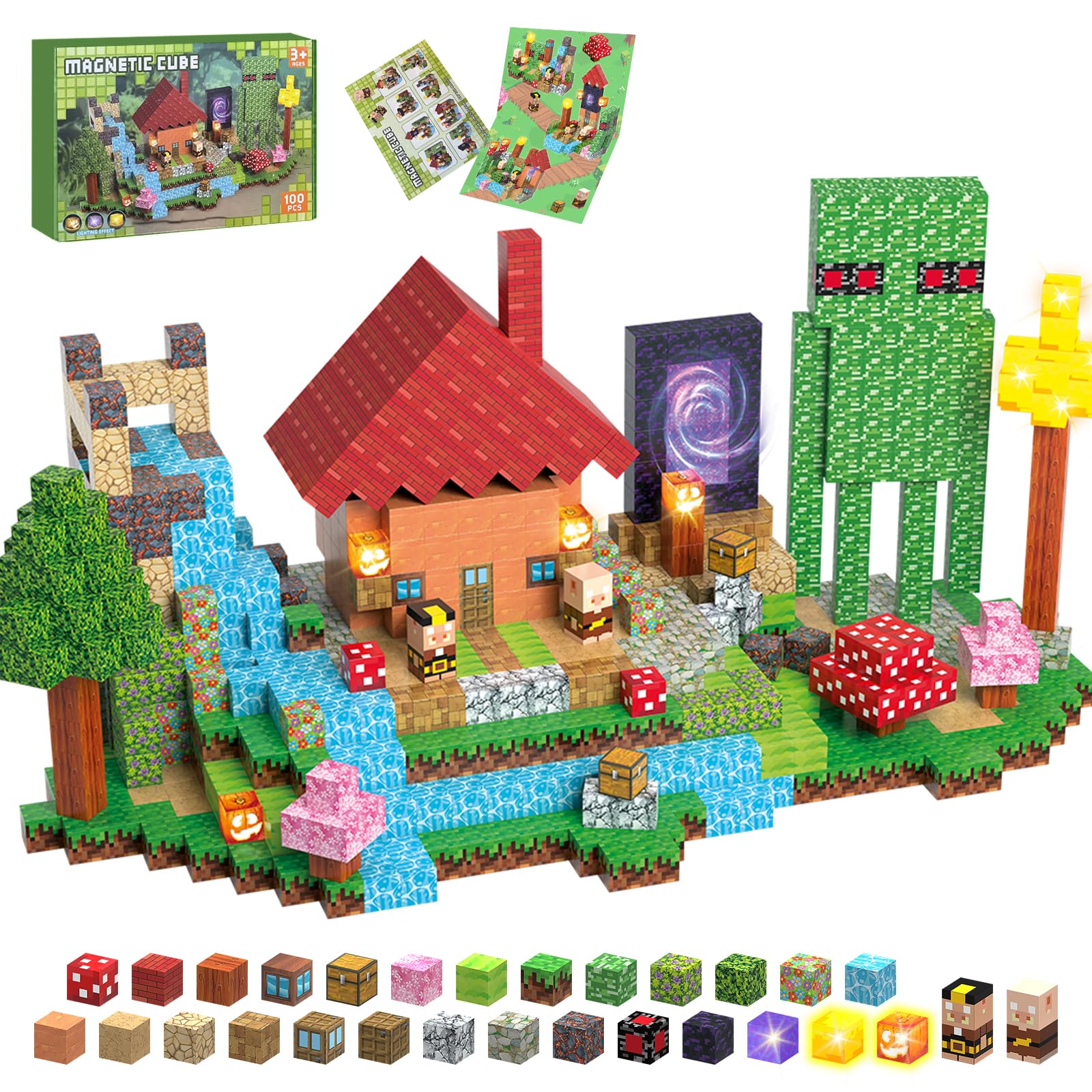 MEDMHSMA Magnetische Bausteine 100 Stück 2,5CM Light Up Magnetblöcke Bauspielzeug für Jungen Mädchen 4 5 6 7 8 9 10 Jahren, Magnet Bausteine Spielzeug Geschenk für Kinder ab 3 Jahre
