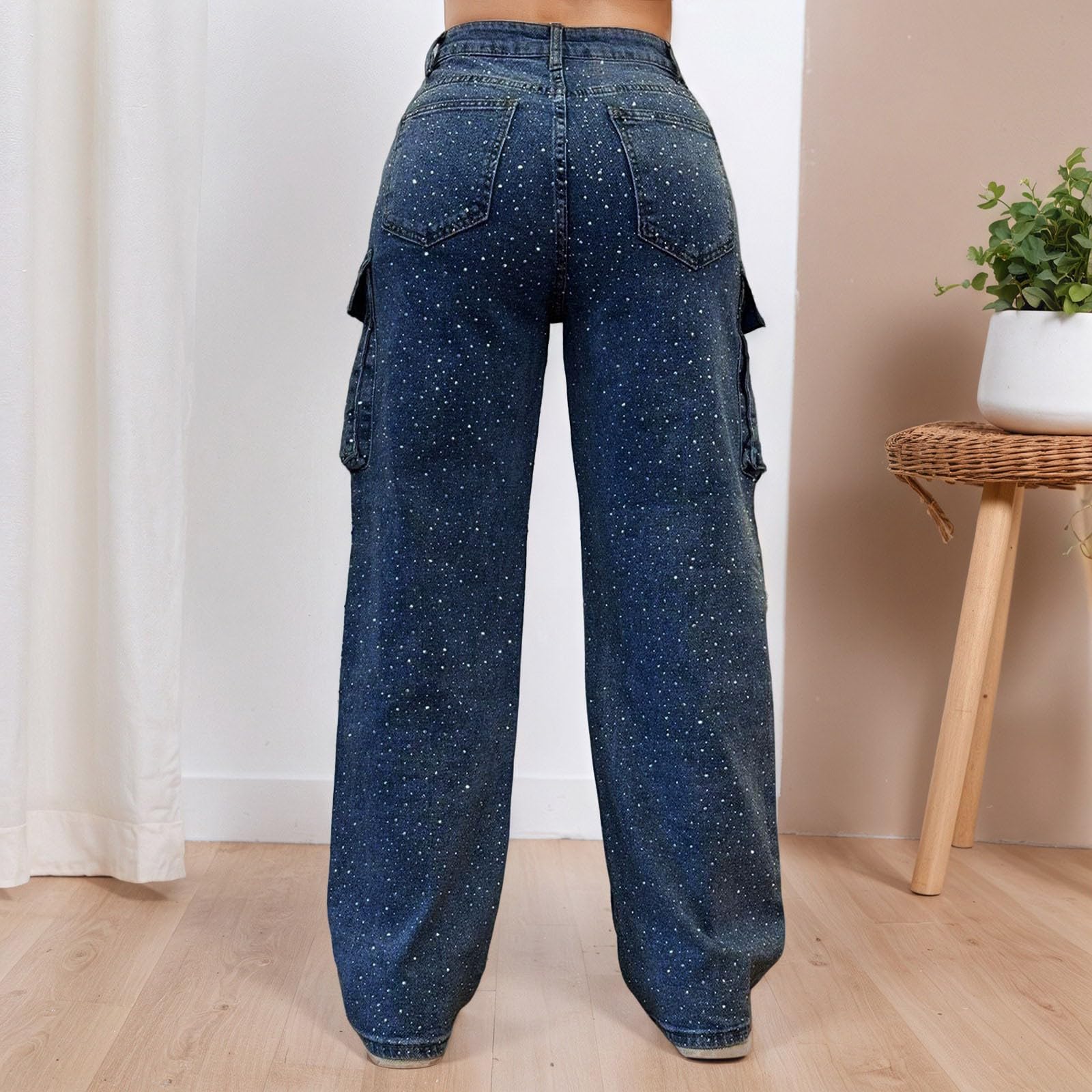 Generisch Jean sarouel pour femme avec strass, jambes larges, coupe droite, strass, taille haute, coupe ample, coupe ample, dégradé de couleur diamant