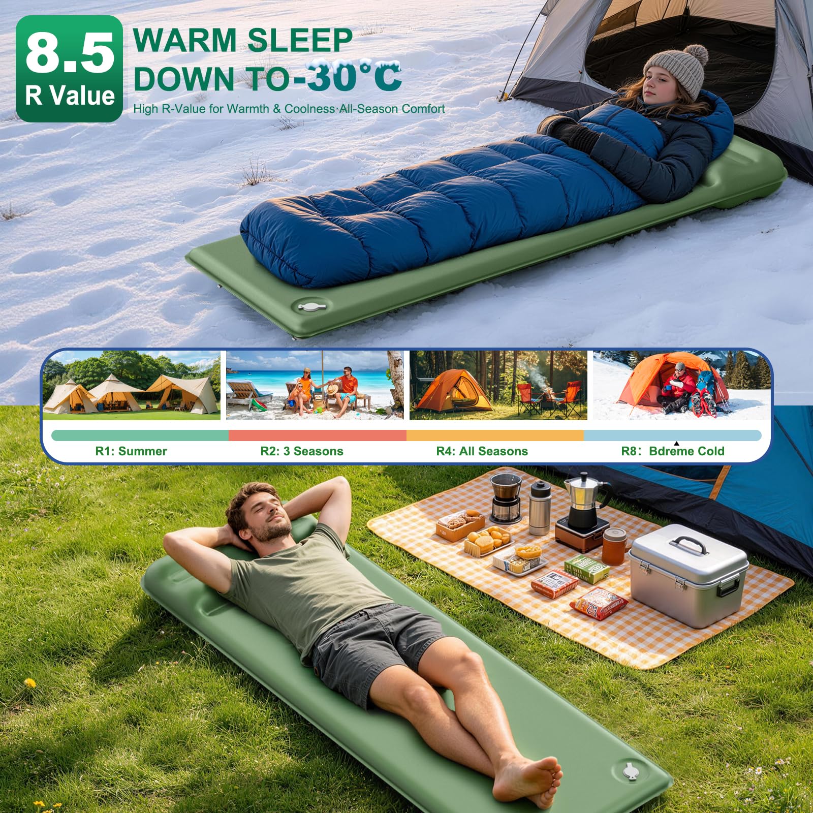 WARMTUYO Matelas isolant de camping, 6 cm, éponge élastique en mousse, valeur R 8,5, avec coussin, matelas gonflable d'extérieur compact et confortable pour la randonnée, l'extérieur, la tente, la