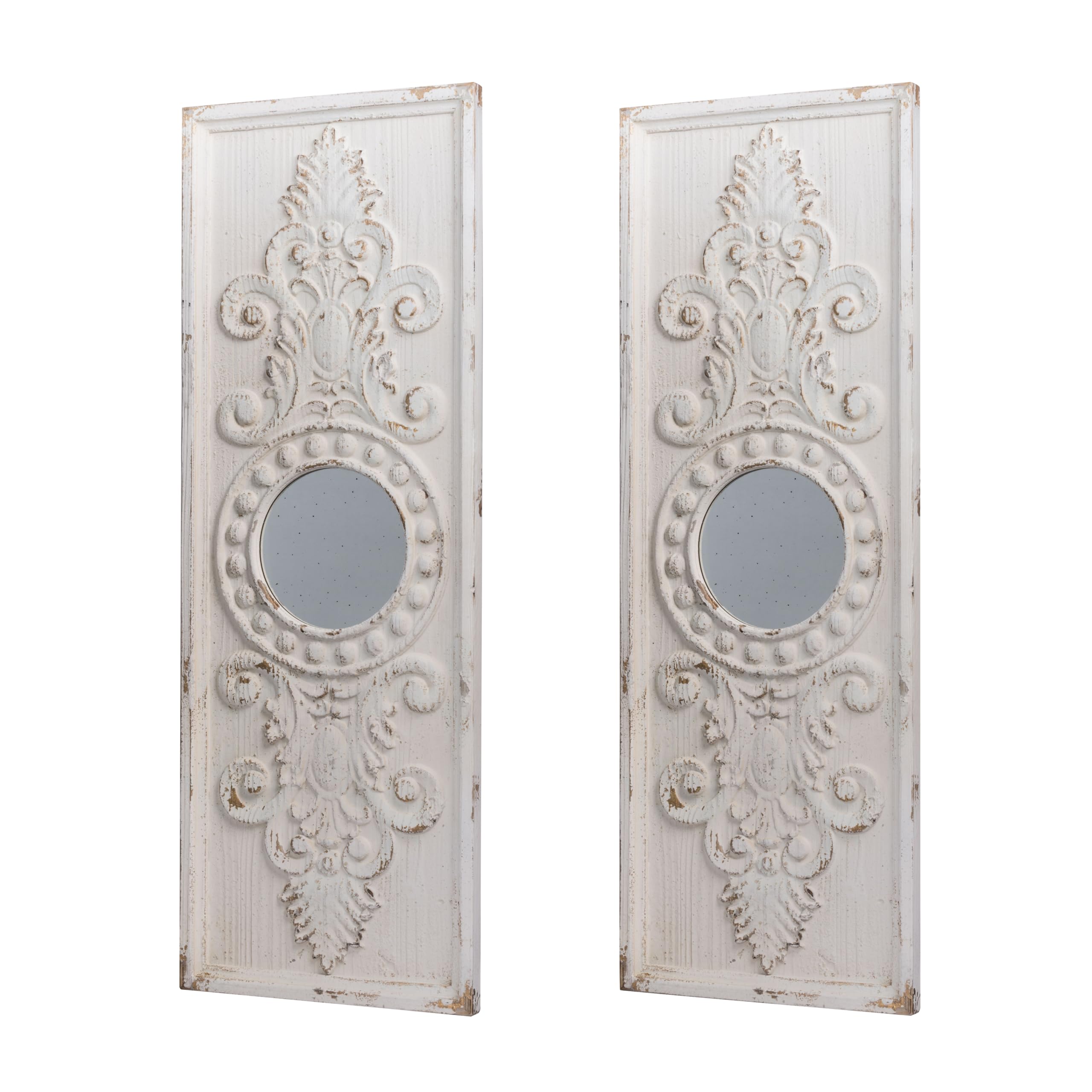 GOWE Set of 2 Large Wooden Wall Art Panels with Distressed White Finish and Round Mirror Accents,17