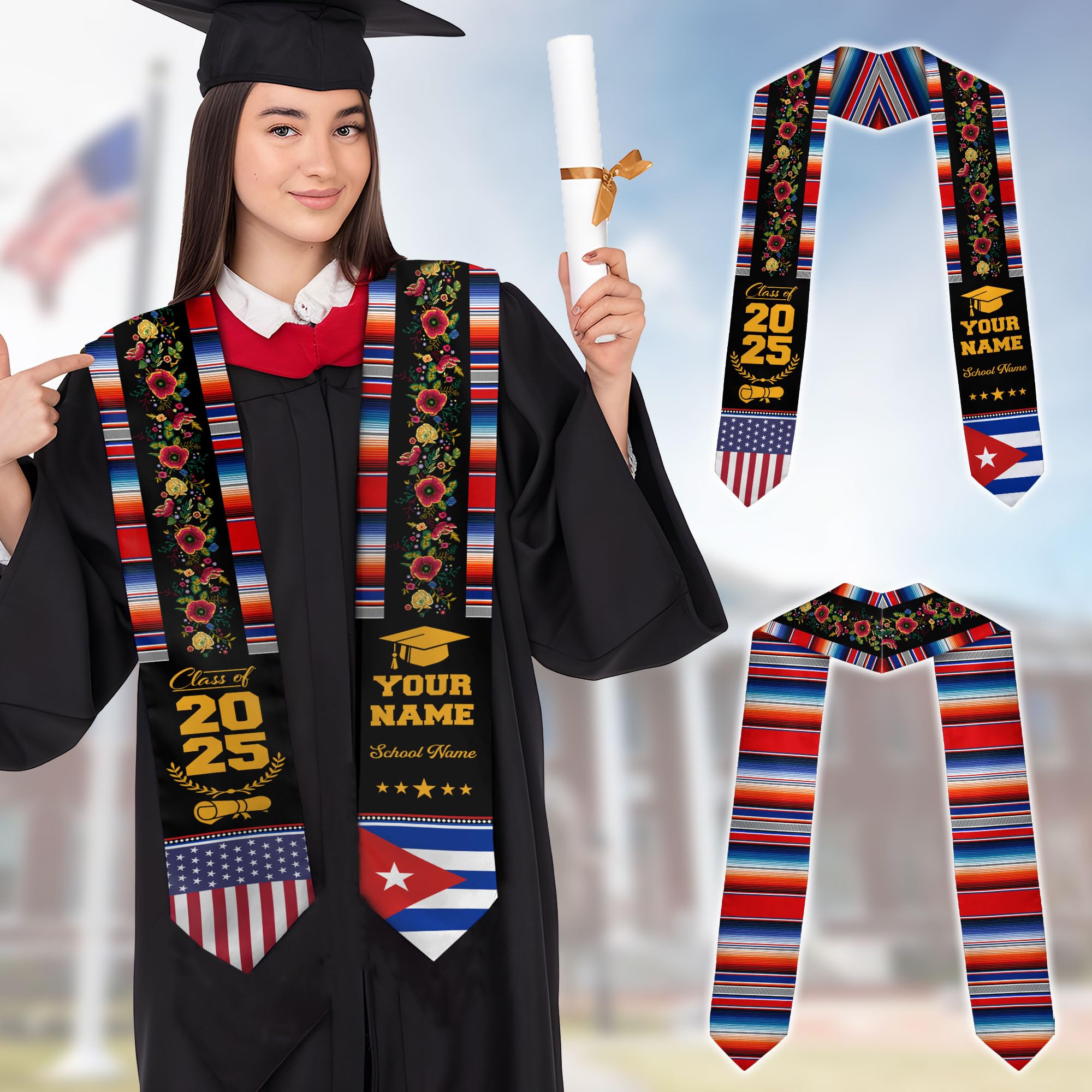 MonkeyVan Cubans Graduation Sash, Cuba Graduation Stole Custom, Personalized Cubans American Flag Graduation Sash 2025 Style 2