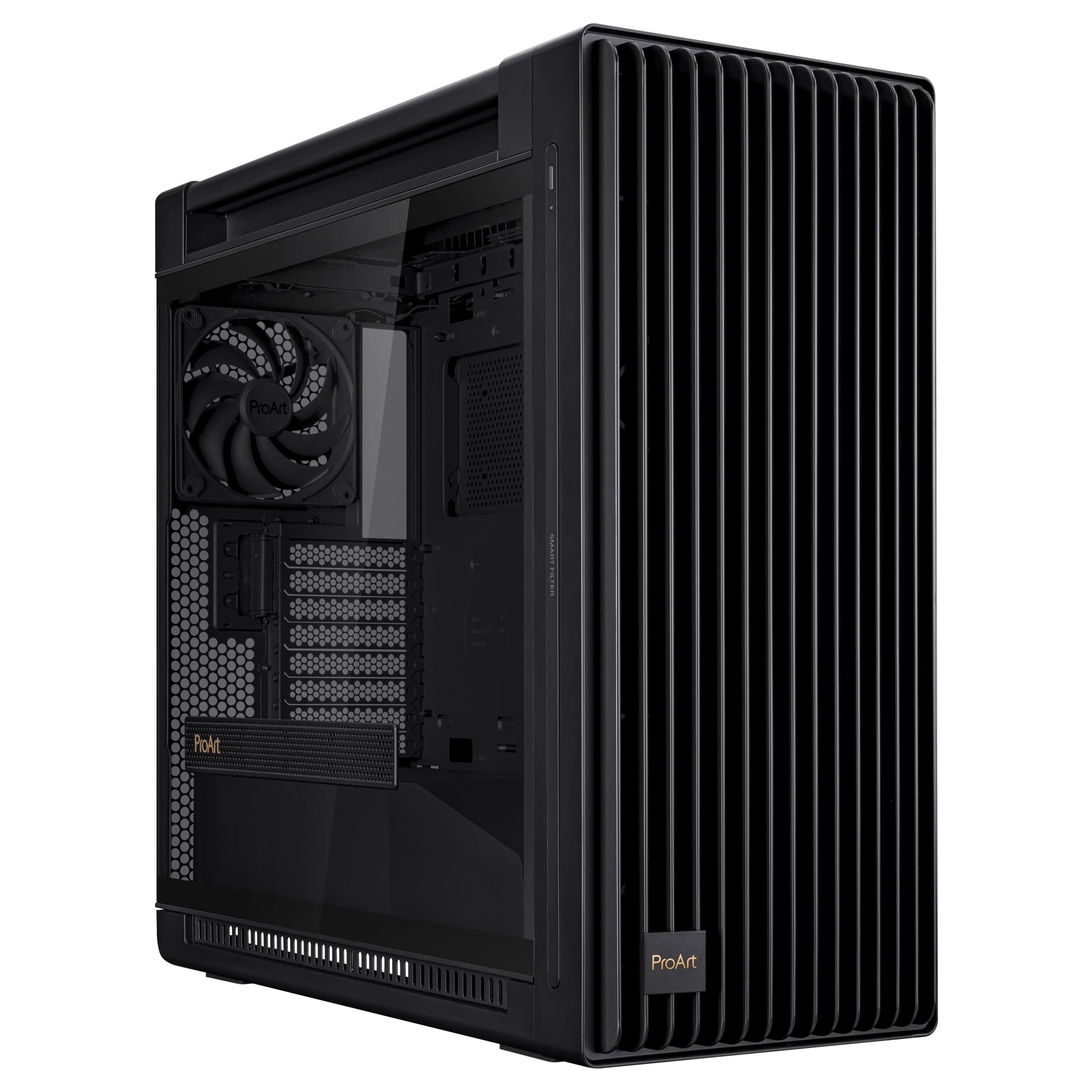 ASUS PROART PA602 TG PWM BLACK Case Gaming E-ATX, obudowa ze szkła hartowanego, uchwyt do radiatora 420 mm, wentylatory 140 mm i 200 mm, czujnik pyłu na podczerwień, boczny wylot powietrza, czarny