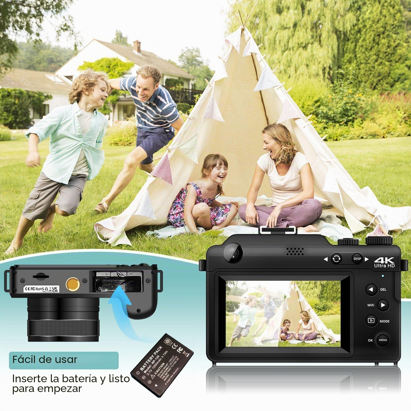 Cámara Digital CCN de 48 MP, 4K HD 1080p, 7 filtros de Color Integrados, Zoom Digital de 18x con cámaras duales (Frontal y Trasera), Tarjeta TF de 64 GB, Wi-Fi, Gris