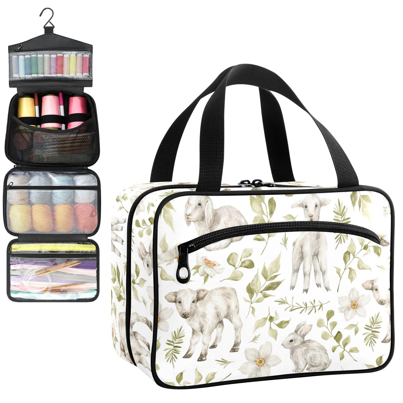 YNNALE Sewing Supply Organizer Bag, Floral Cute Animal Portable Sewing Bags with Pockets&Hanger, Sewing Storage Box Case for Sew Supplies/Kit/Tools/Accessories (BAG ONLY)