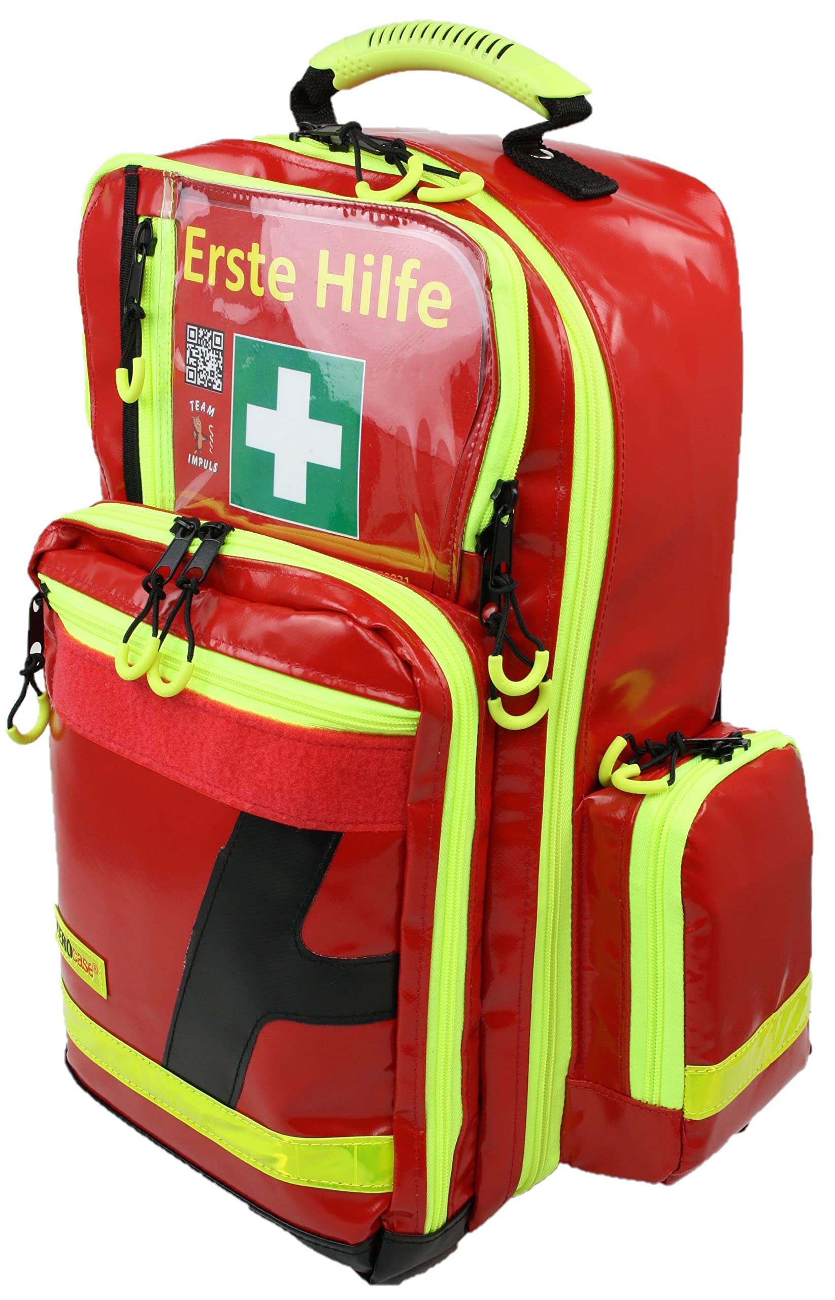 Erste Hilfe Notfallrucksack Sport Freizeit & Event - AEROtex® Plane Rot - Gelbe Reflexstreifen