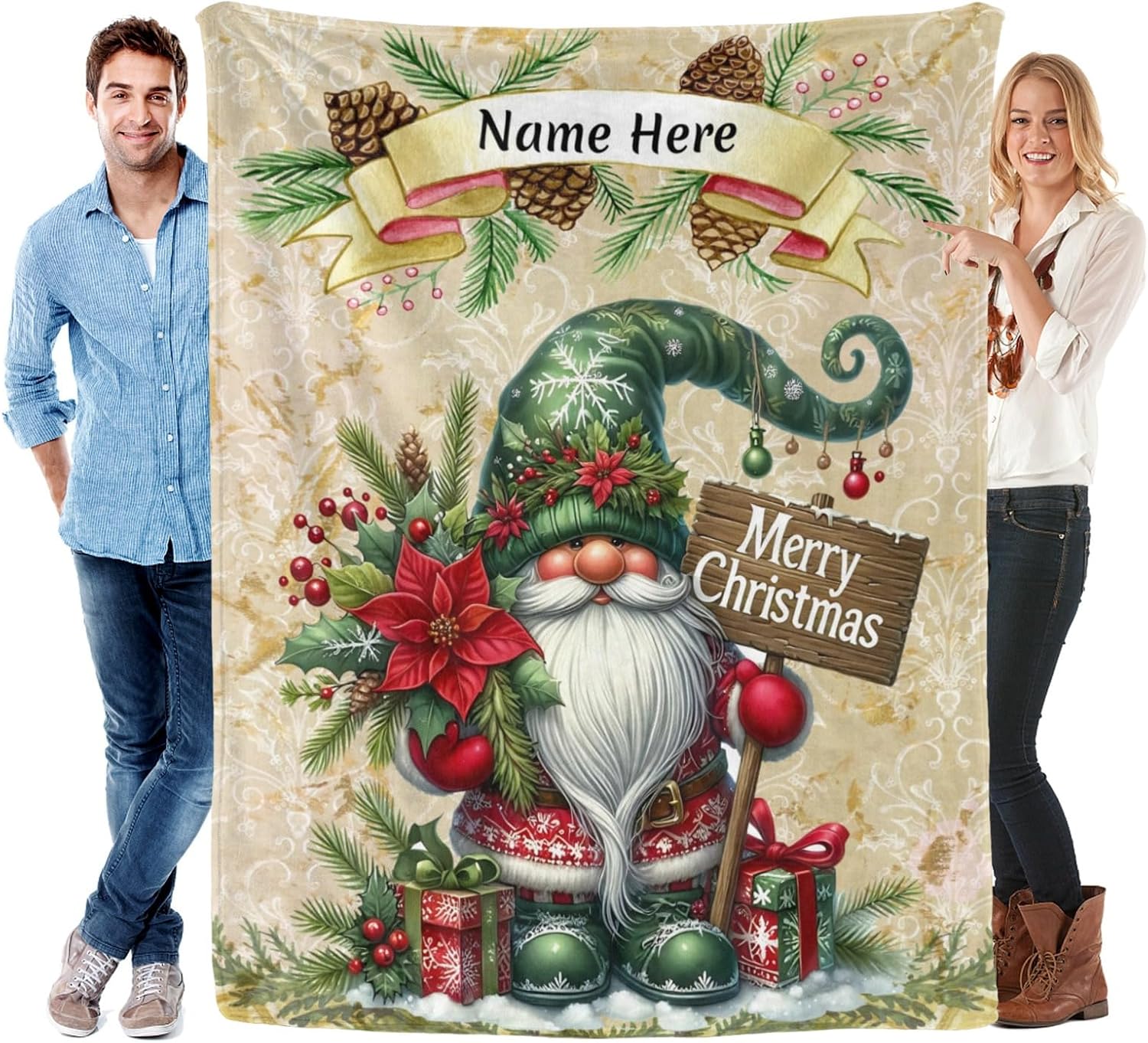 Christmas Gnome Blankets and Throws, Custom Blanket with Name, Personalized Blanket Blankets for Kids Boys Girls, 50" x 60"