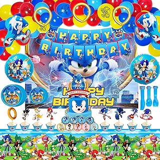 Soniics Birthday Party Supplies - 187pcs Birthday Party Decorations Include Backdrop, Happy Birthday Banner, Tableware Set, Tablecloth, Cake Toppers, Cupcake Toppers, Foil Balloons, Latex Balloons Set, Stickers Sets, Birthday Swirls (Random Theme)