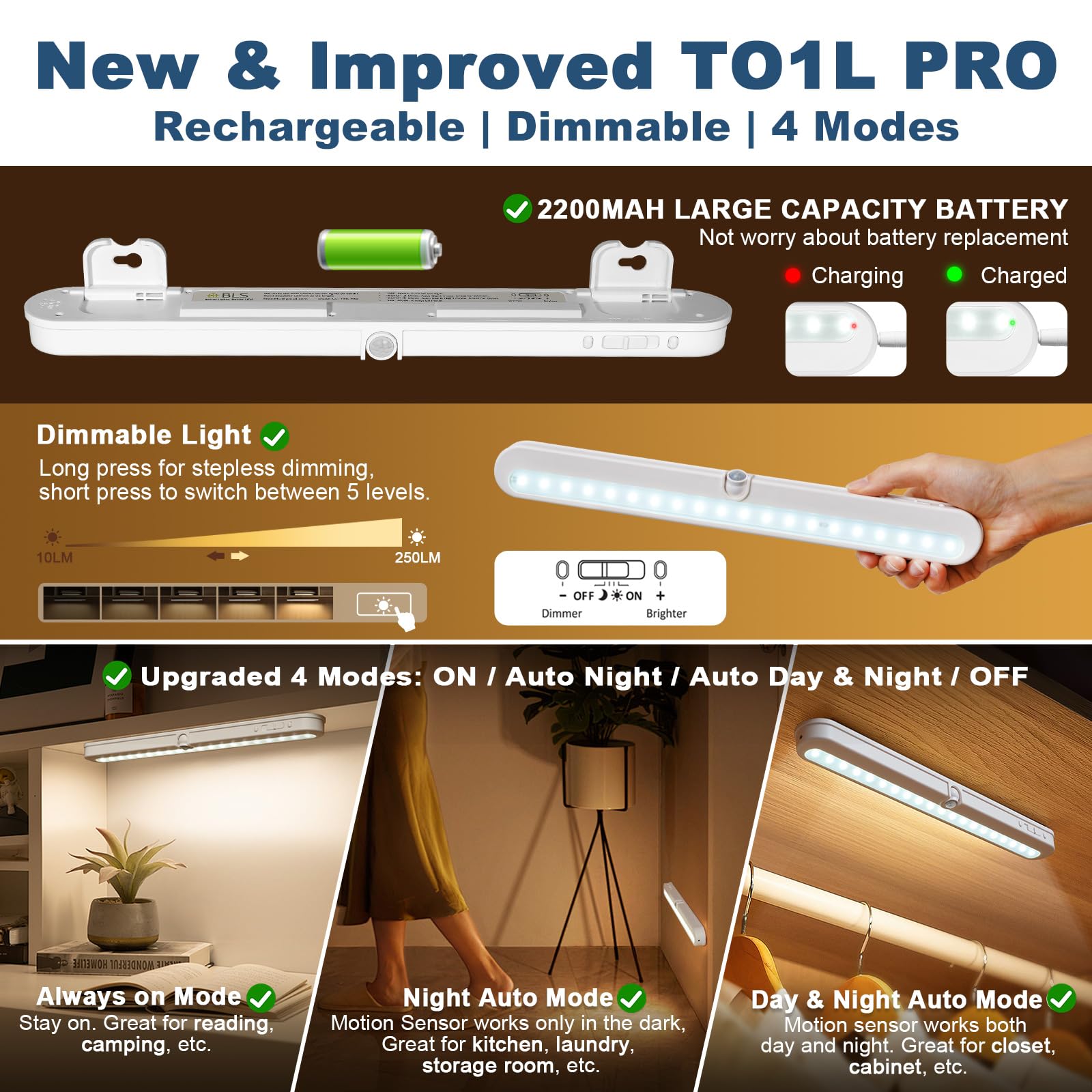 BLS Under Cabinet Lighting, 2200mah Rechargeable Closet Lights