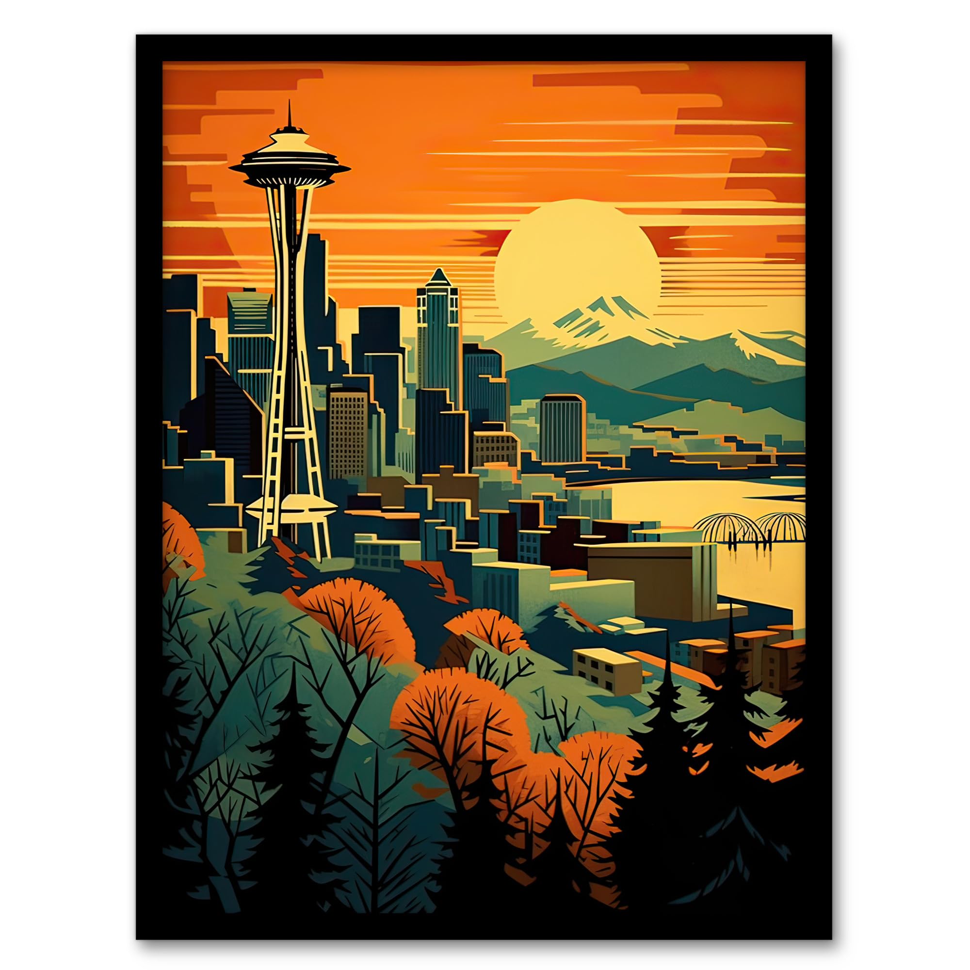 Artery8 The Space Needle Seattle Landmark Sunset Cityscape Artwork Framed Wall Art Print A4