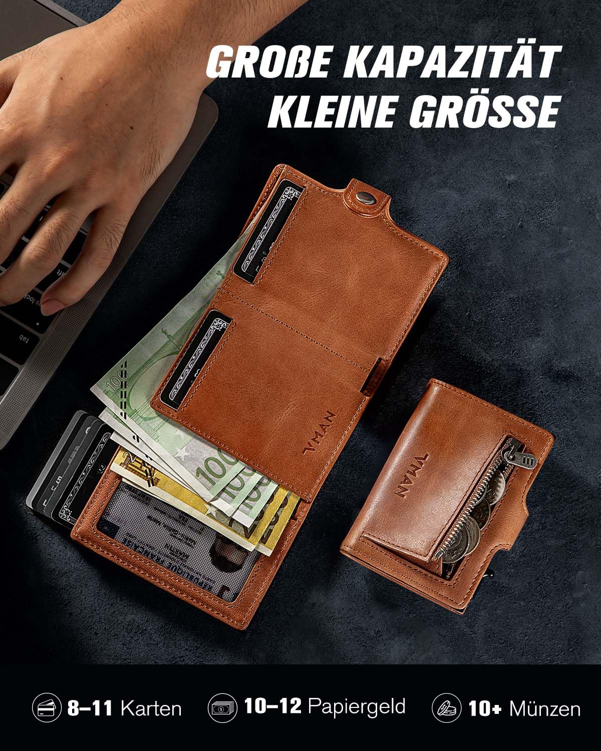 VMAN Geldbörse Herren, Slim Wallet mit Münzfach, RFID Schutz, Premium Leder Portmonee Geldbeutel für 8–11 Karten, Kleines Kartenetui für Alltag & Reise - Braun