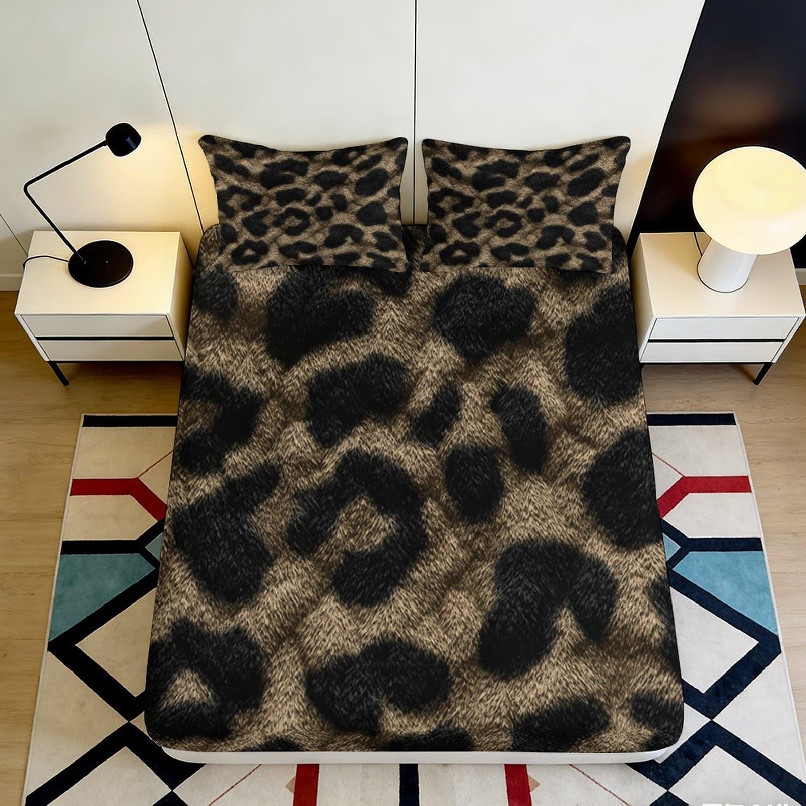 3D Printed Leopard Animal Pattern Fitted Sheet Microfiber Soft Breathable Cheetah Print Mattress Cover for Bedroom Dorm Decor 200x200x25cm