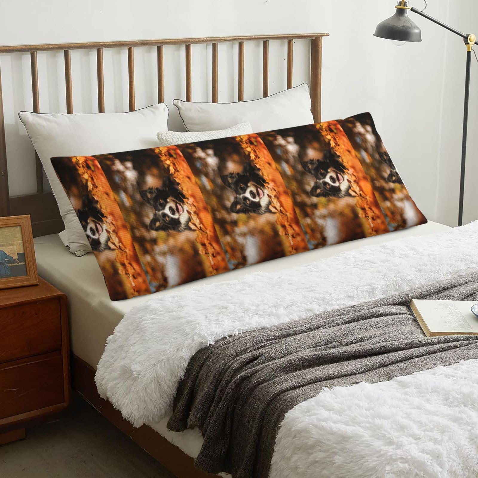 Border Collie Bokeh Autumn Black Border Collie, Body Pillow Cover with Zipper,Long Body Pillowcase 20 x 60 in