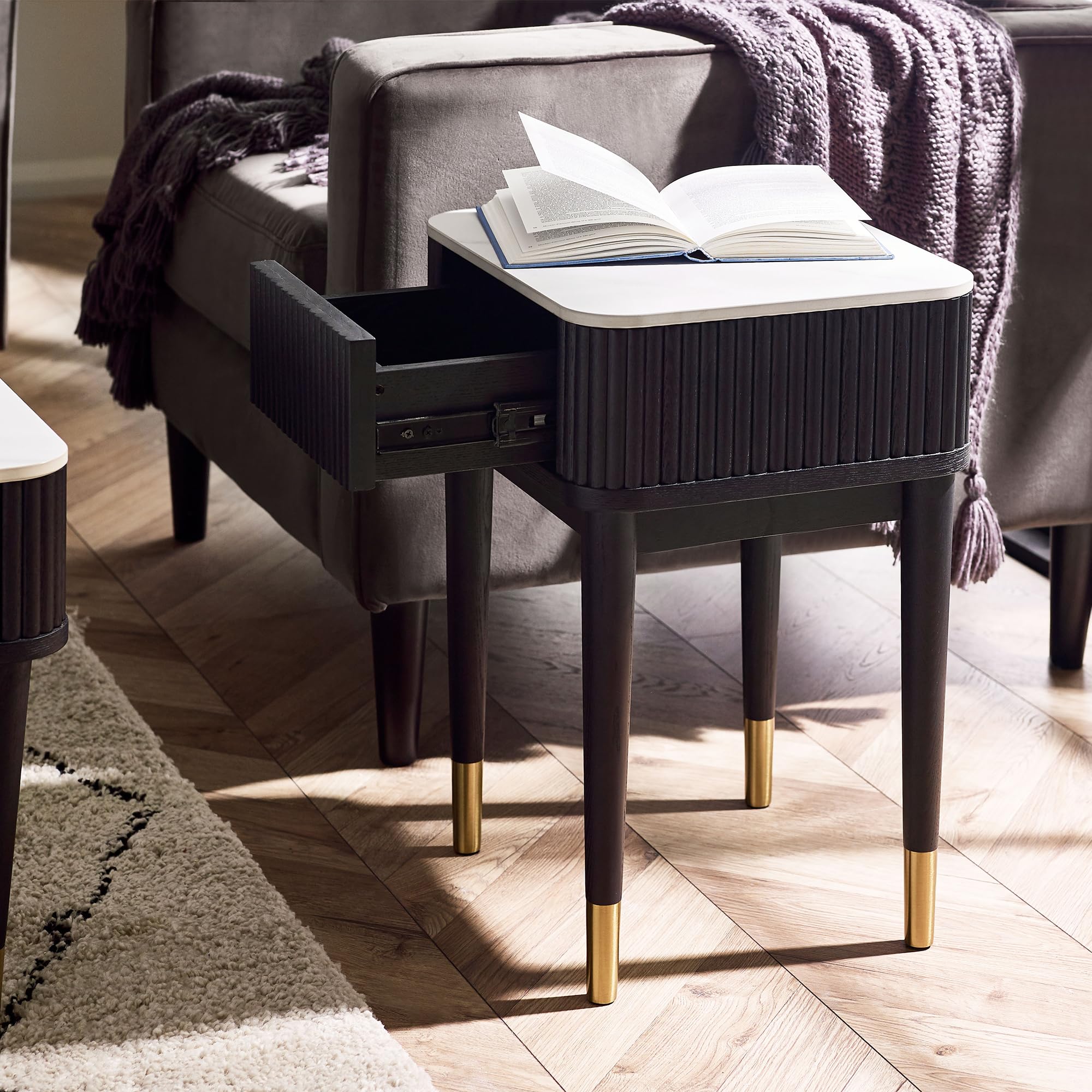 Julian Bowen Louis Black Fluted Stone Top Lamp Table - Single Drawer - Modern Elegance