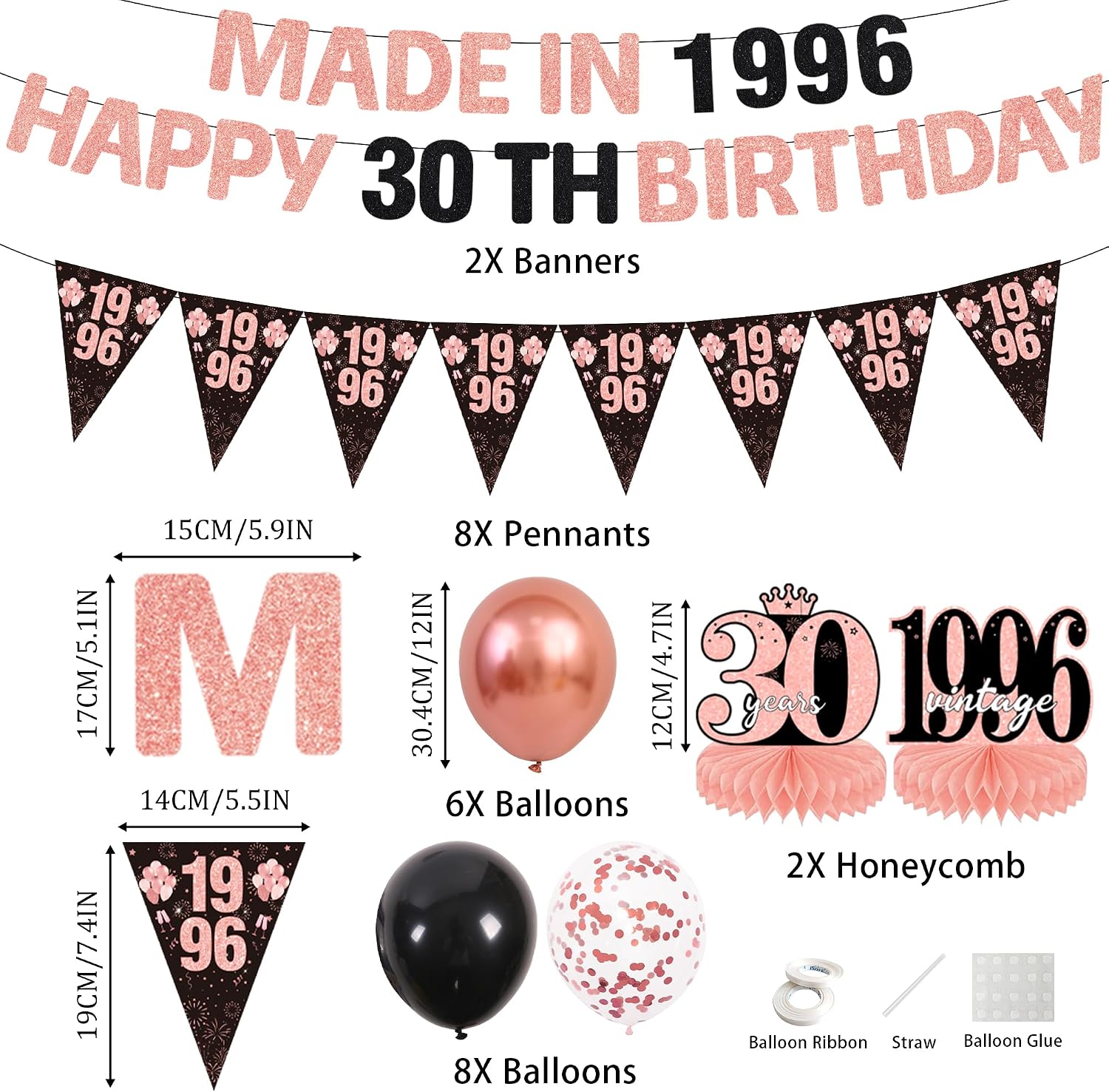 Happy 30th Birthday Decorations for Her - Rose Gold Glitter Made in 1996 Decoration with Banner Hanging Swirls Honeycomb Cake Topper Balloons, Cheers to 30 Years Old Birthday Party Supplies for Women