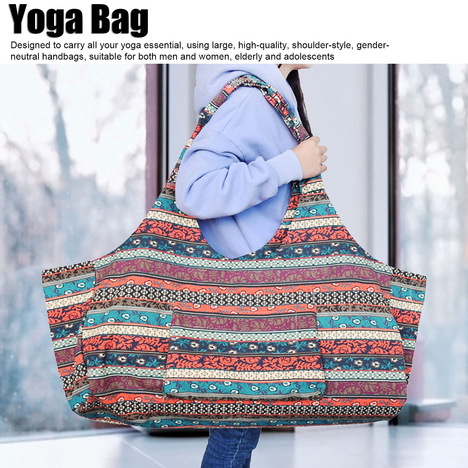 Large Yoga Mat Tote Sling Carrier with Pockets, Bohemian Style Vintage Canvas Yoga Mat Bag Multipurpose Oversized Gym Bag Fits Most Size Mats