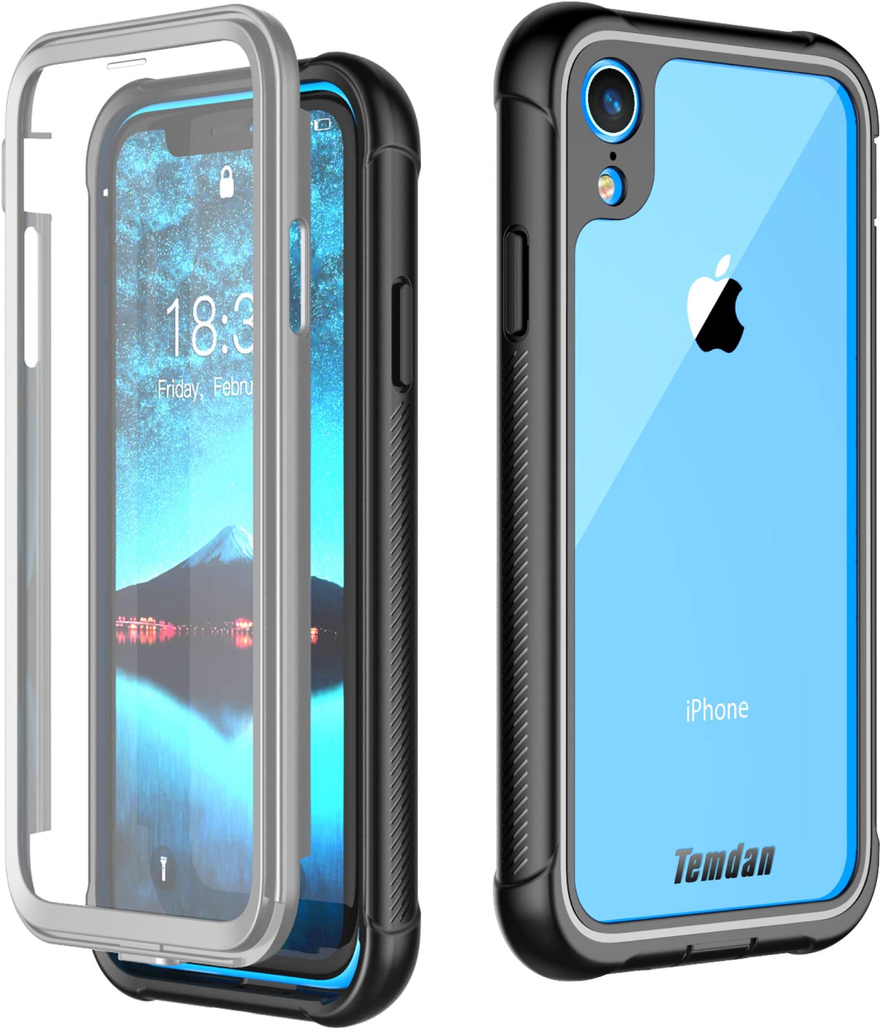 Temdan iPhone XR Case 2018, Built in Screen Protector Full Body Protect Clear Bumper Case Support Wireless Charging, Heavy Duty Rugged Dropproof Case for iPhone XR 2018 (6.1inch)