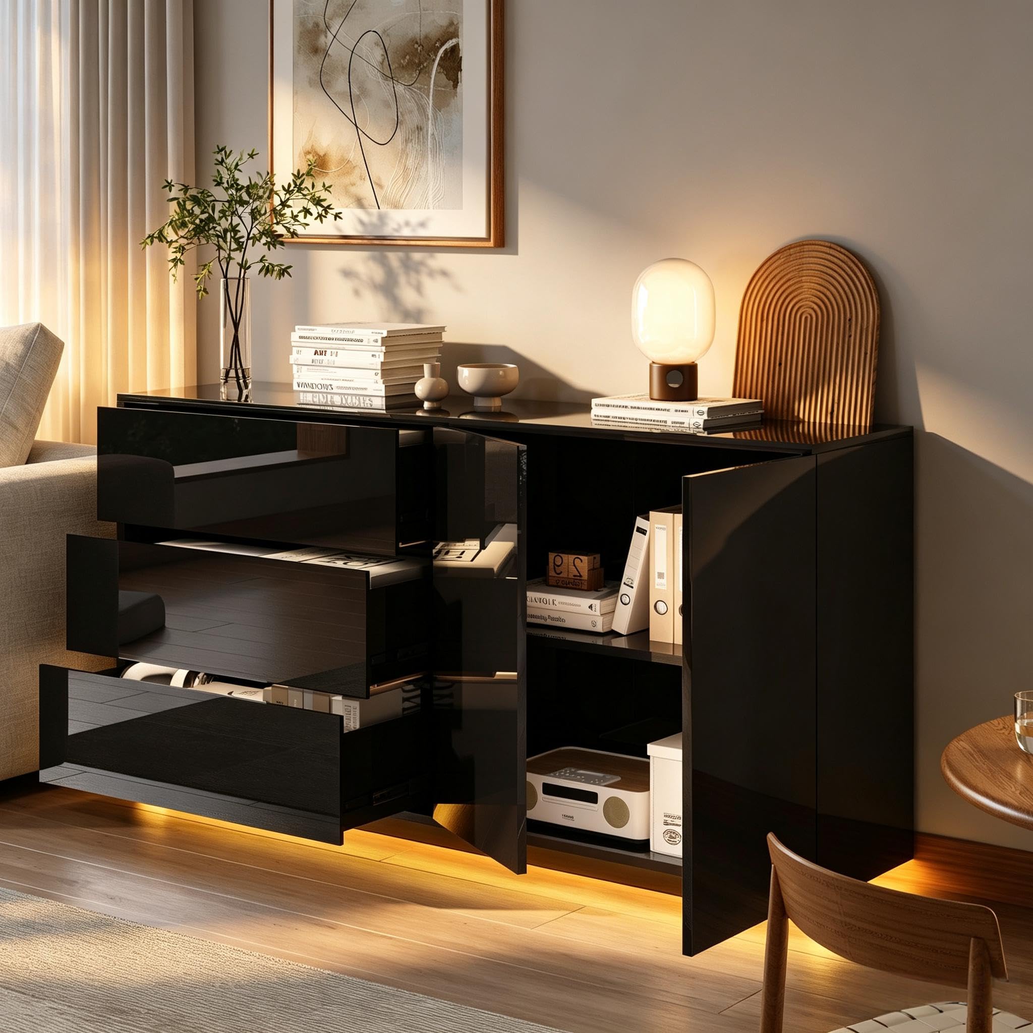 Buffet de Salon Moderne 160x35x76 cm avec LED, Meuble de Rangement avec 3 Tiroirs et 2 Portes, Buffet Brillant Moderne Commode Salon Brillant Buffet Salle à Manger et Cuisine (Noir-3, 160x35x76)