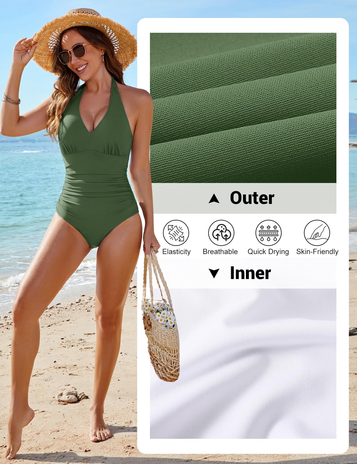 CMTOP Costume Intero Donna Contenitivo Scollo a V Costume da Bagno Push Up Imbottito Reggiseno Costumi Interi Curvy, Controllo della Pancia Vita Alta Costumi Mare Elegante Swimsuit