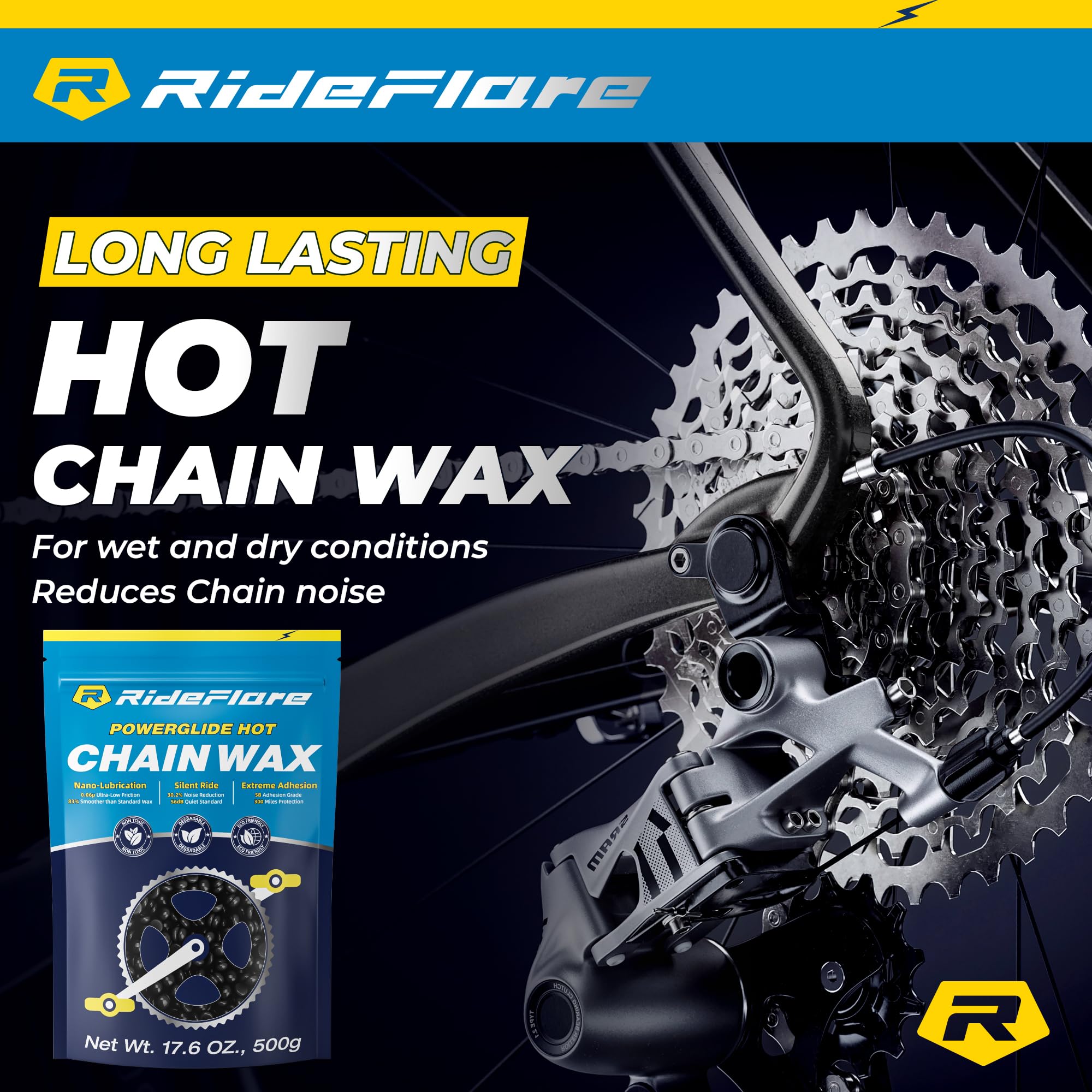 Cera para Cadena RideFlare Premium 500g – Lubricante de Cadena para Bicicleta de Fusión en Caliente con Fórmula de Fricción Ultra Baja – Cera para Bicicleta Ecológica y Duradera para una Protección Su